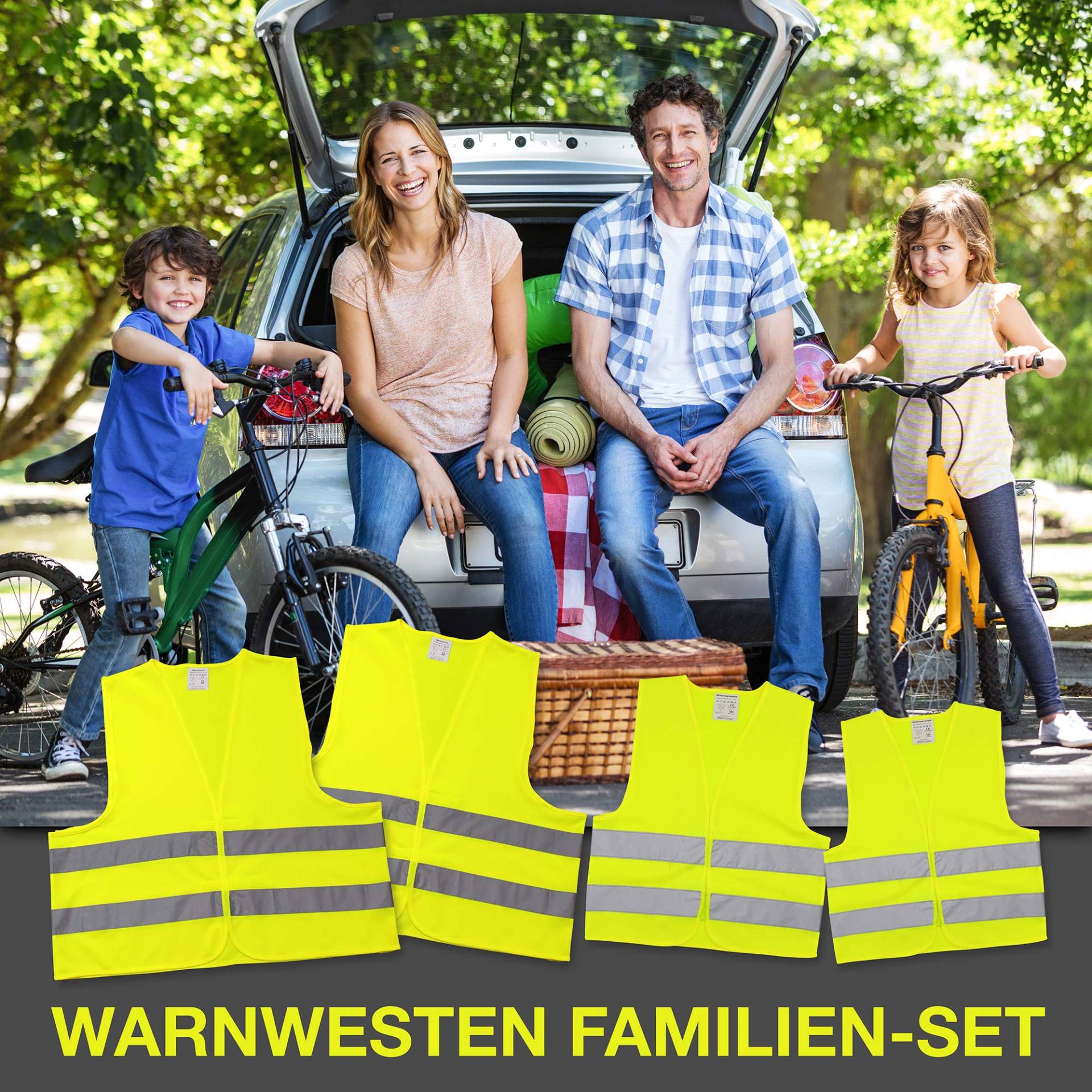 Familienset Kfz Warnwesten gelb | 2 x für Erwachsene Unisize EN ISO 20471 | 2 x für Kinder XS S EN 1150 waschbar Familienset Kfz Warnwesten gelb | 2 x für Erwachsene Unisize EN ISO 20471 | 2 x für Kinder XS S EN 1150 waschbar von 4business