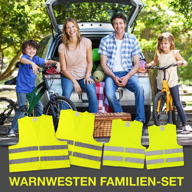Familienset Kfz Warnwesten gelb | 2 x für Erwachsene Unisize EN ISO 20471 | 2 x für Kinder XS S EN 1150 waschbar von 4business