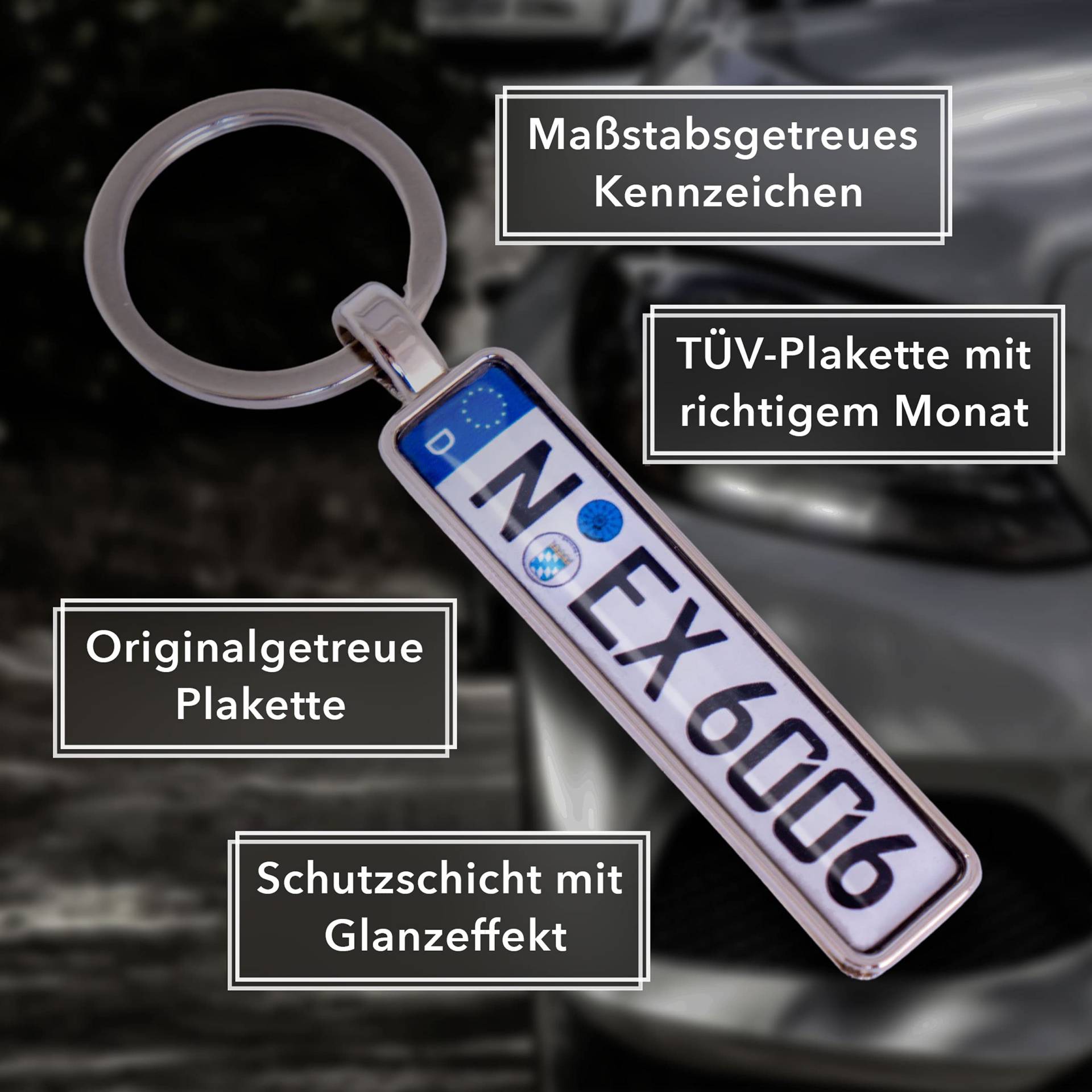 Schlüsselanhänger mit individuellem KFZ Kennzeichen Nummernschild Autokennzeichen personalisiert (Farbwahl: Silber, anthrazit/grau, Gold, roségold) von 4macs