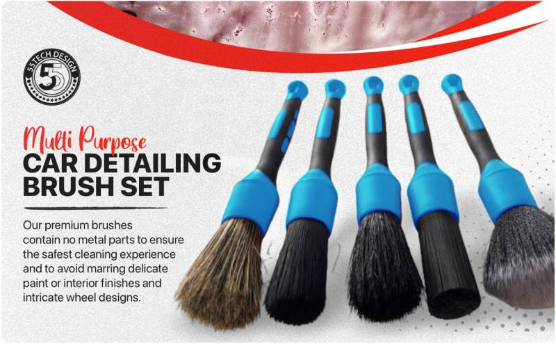 Preimum Auto Detailing Pinsel Set - 5 Pack Auto Detail Kit für Automotive, weiche bis Feste Bürsten zum Reinigen und Polieren für Innenraum, Außen, Armaturenbrett, Felgen, Lüftungsschlitz, Sitz, von 55tech