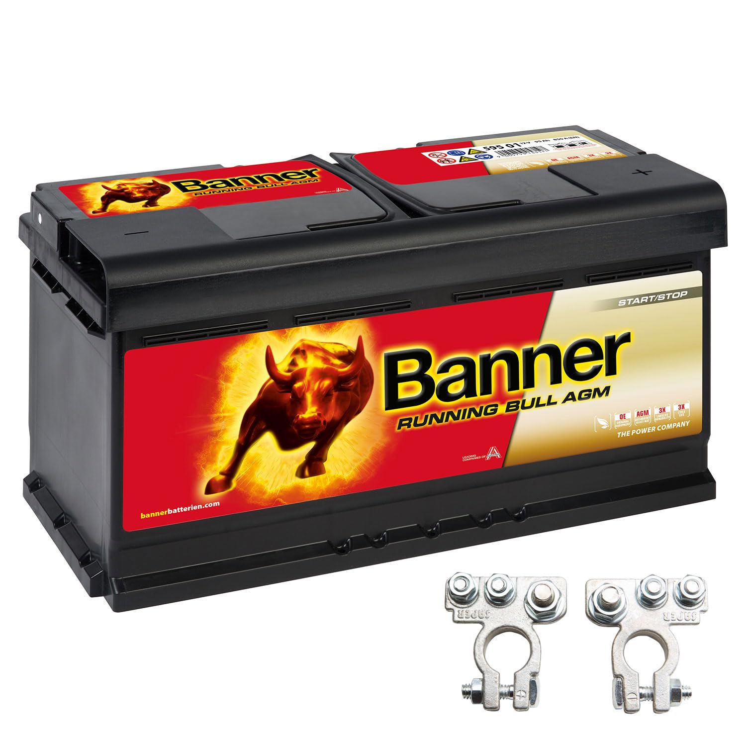 Banner Vliesbatterie AGM Running Bull 92AH 12V Batterie inkl. Polklemmen Auto Boot Wohnmobil von 59201 + S12 Banner