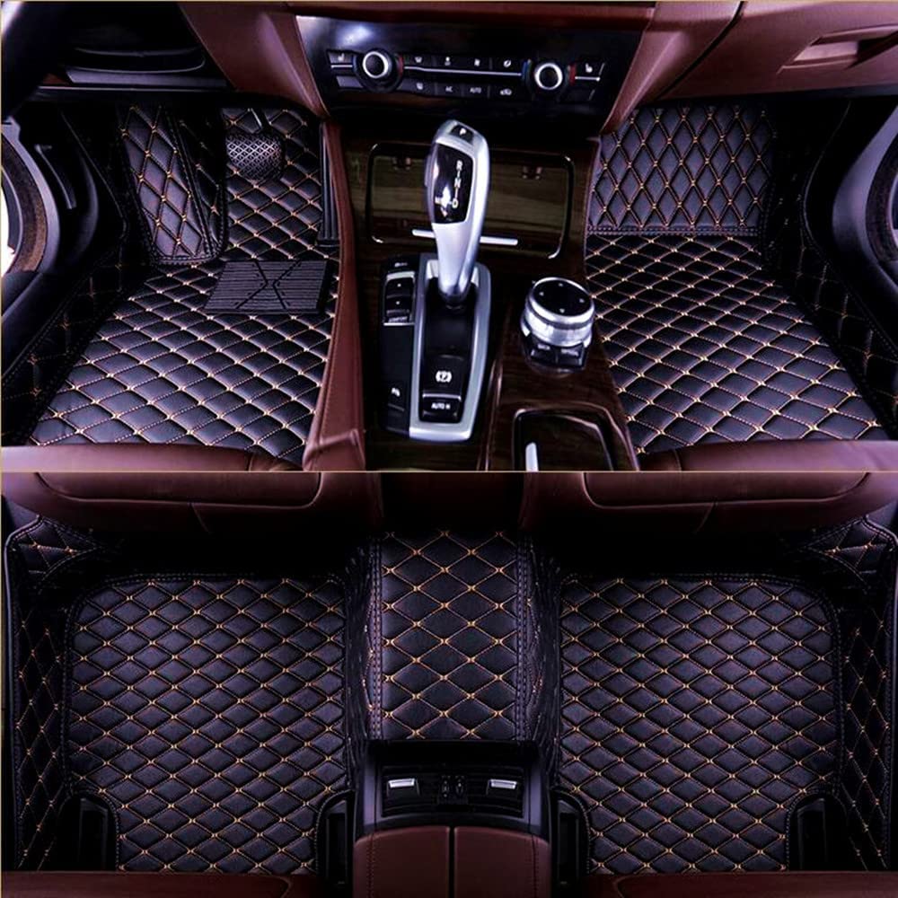 77YLMT77 Nach Maß Auto FußMatten Kompatibel mit 98.8% Jaguar E-Pace,F-Pace,F-Type,I-Pace,XE,XF,XJ,XK,PU-Leder Allwetter wasserdichte rutschfeste Auto Fussmatten Set (Schwarz Gold) von 77YLMT77
