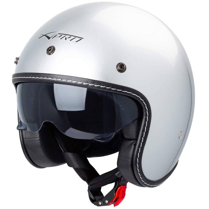Motorrad Jet Helm Cafe Racer ECE 22-06 Sonnenblende Scooter Silber XL von A-PRO SRL