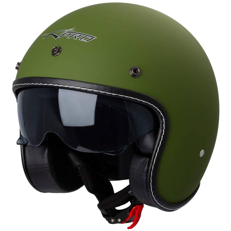 Motorrad Jet Helm Cafe Racer ECE 22-06 Sonnenblende Scooter Matt Grün XXL von A-PRO SRL