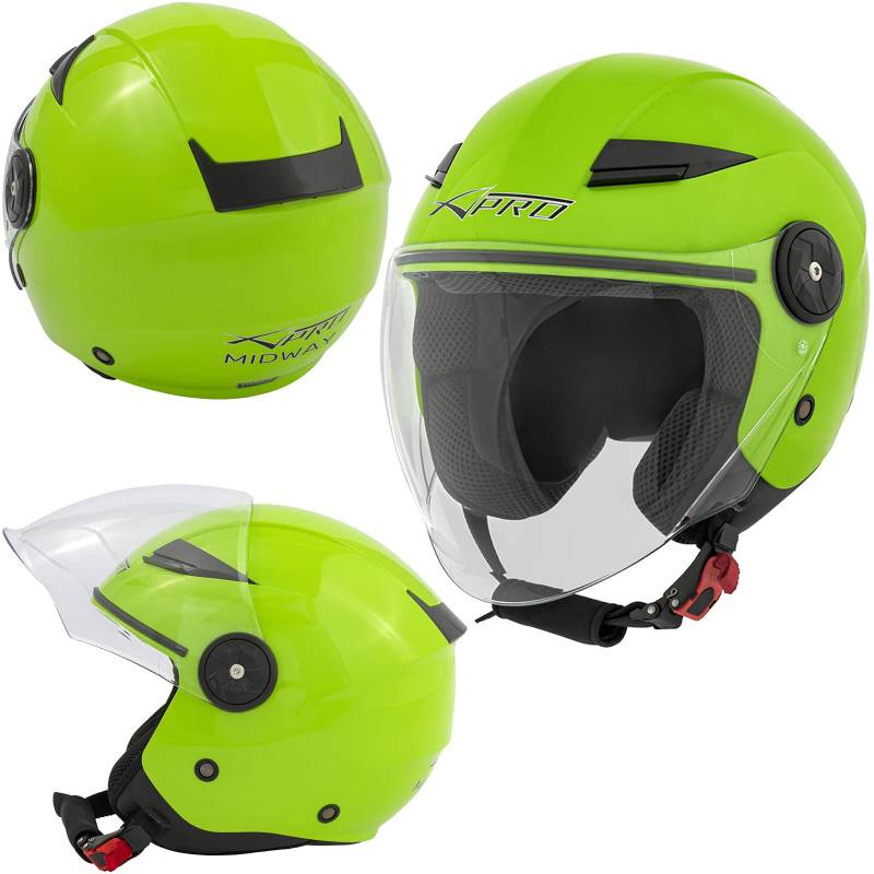 Lange Visier Motorradhelm Jet Roller City Zertifikat ECE 22 Grün M von A-Pro