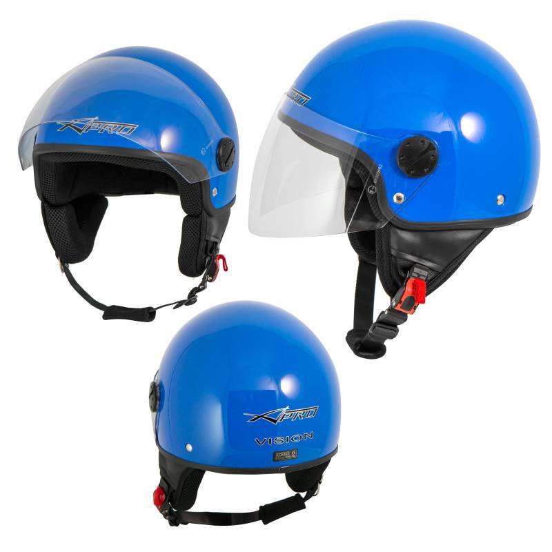 Motorradhelm Motorrad Roller Jet Helm Demi Mit Viser Blau XL von A-Pro