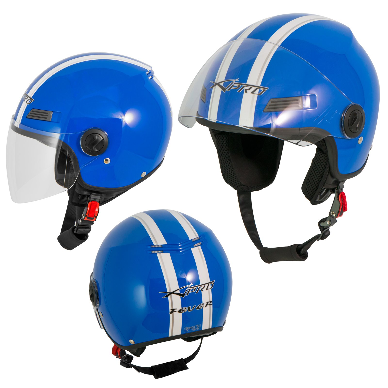 Motorradhelm Motorrad Roller Offenes Jet Helm Viser ECE 22 05 Blau XL von A-Pro