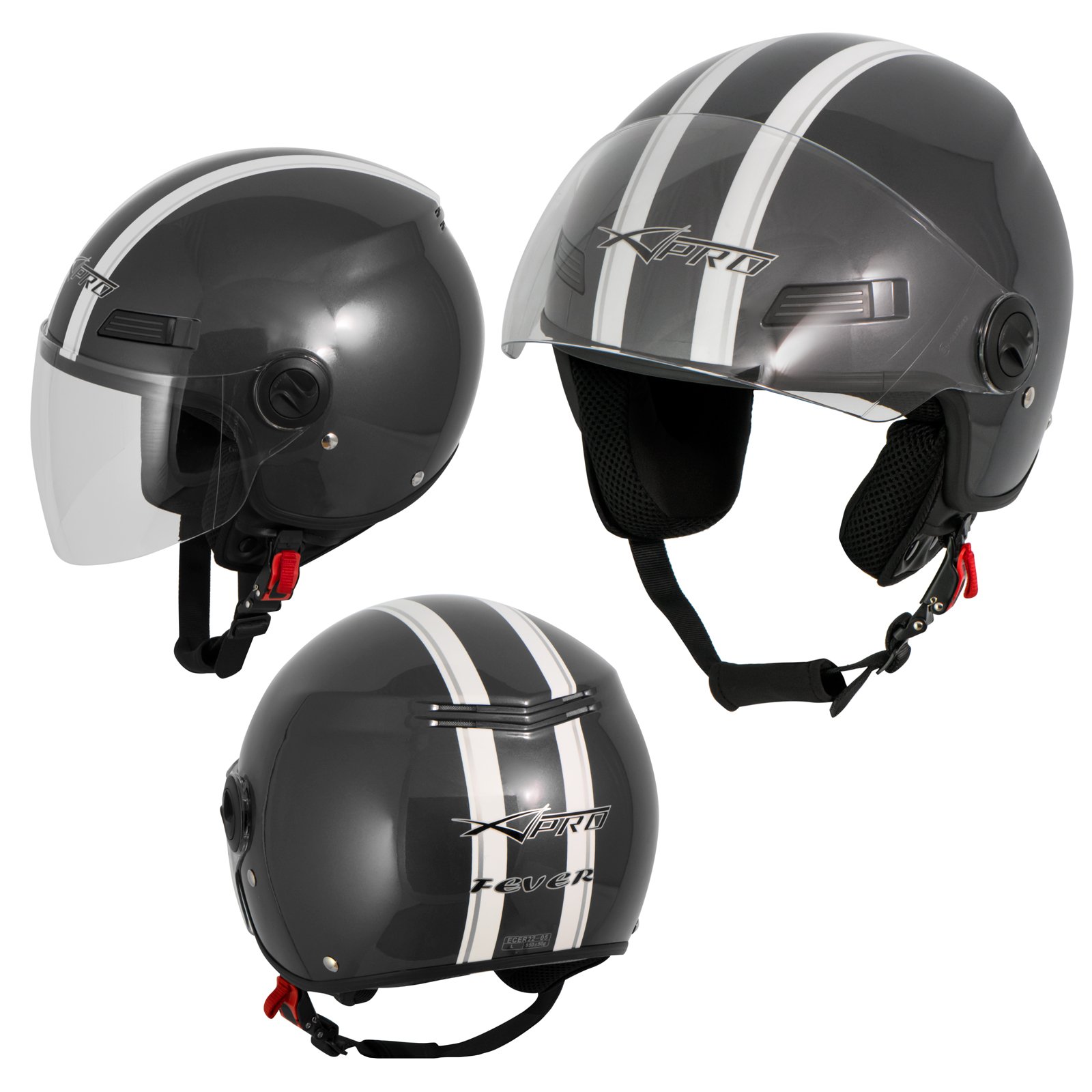 Motorradhelm Motorrad Roller Offenes Jet Helm Viser ECE 22-06 Grau XS von A-Pro