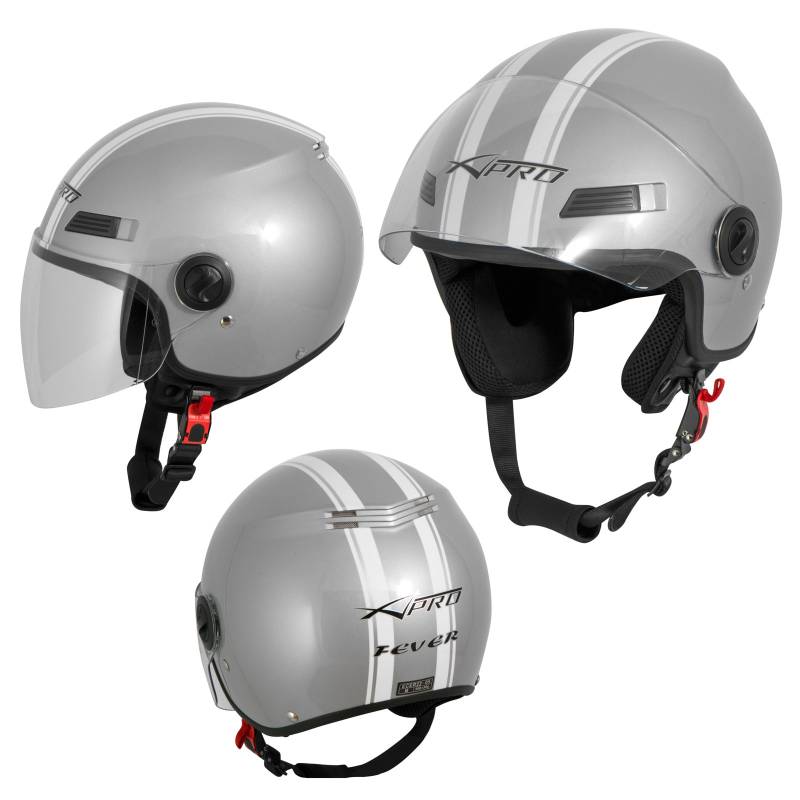 Motorradhelm Motorrad Roller Offenes Jet Helm Viser ECE 22-06 Silber S von A-Pro