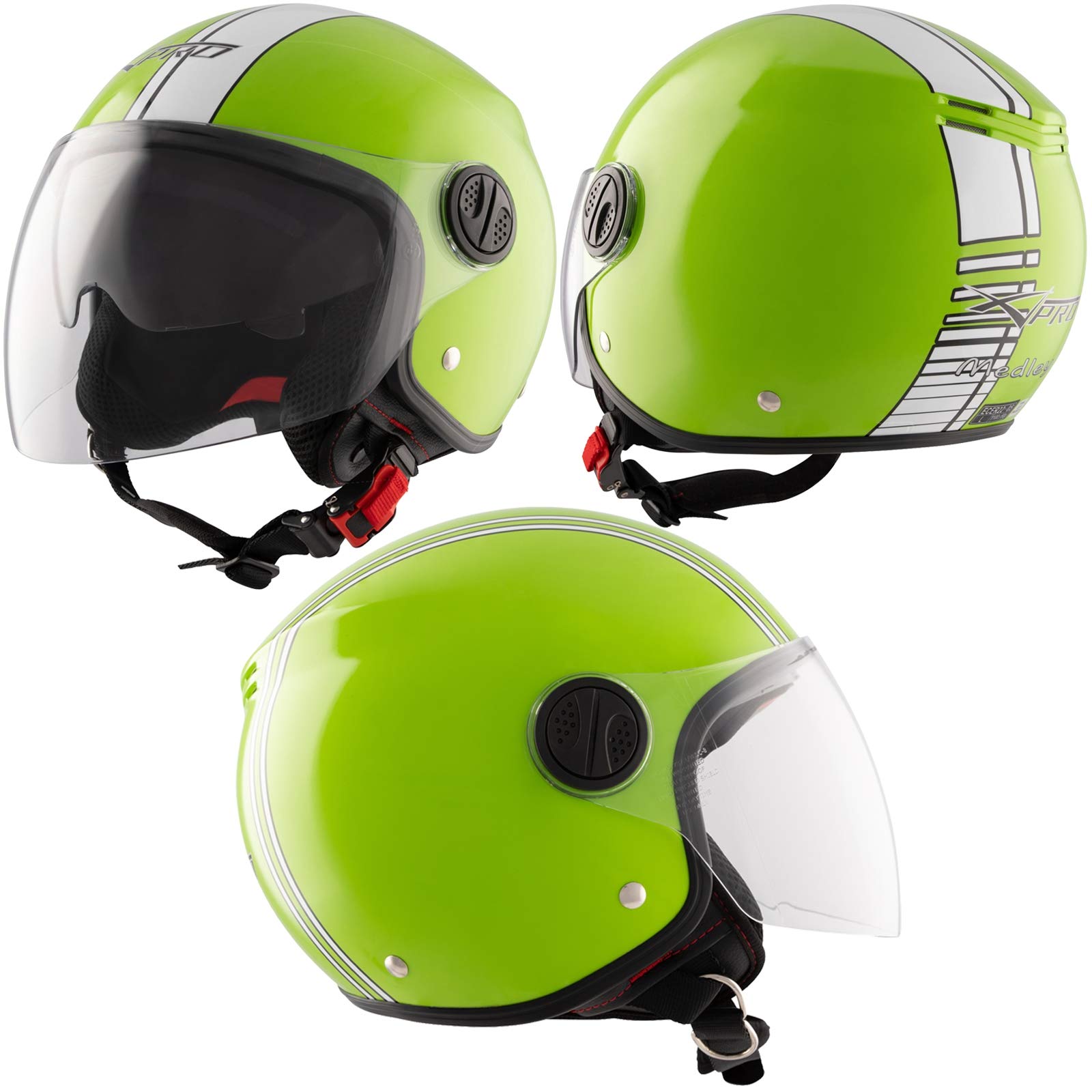 Helm Moto Jet Grün Doppelvisier Grafik Weiß Scooter Sunshade ECE Zugelassen L von A-Pro