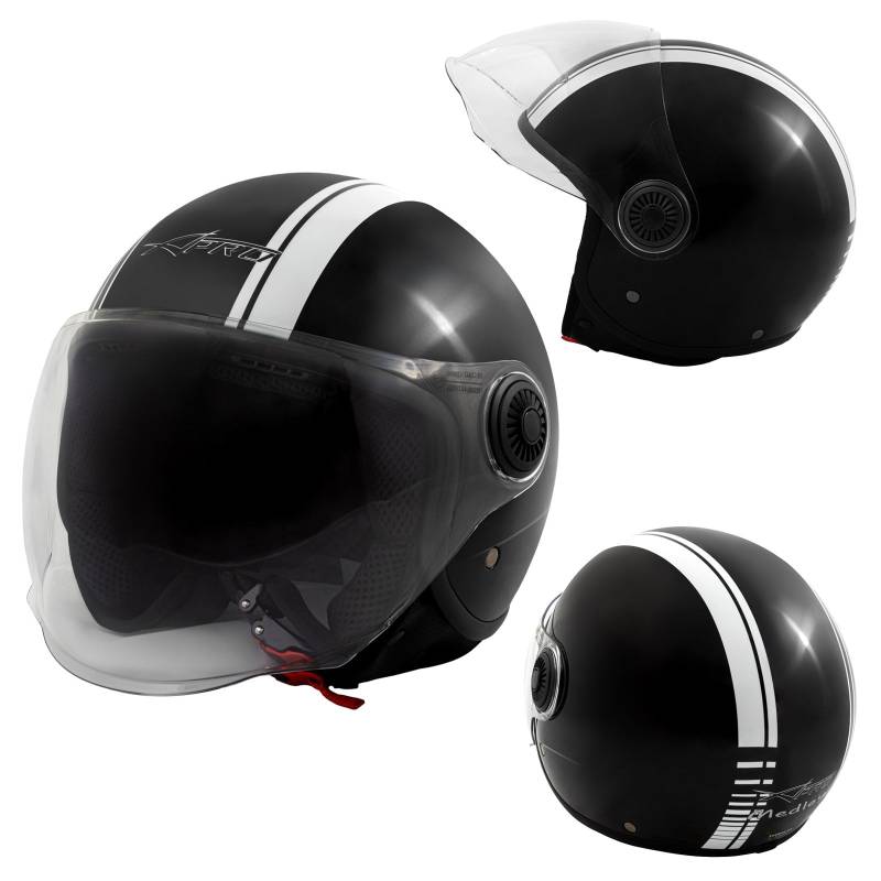 Helm Motorrad Jet Schwarz Glänzend Grafik Weiß ECE 22 06 Visier Open Face S von A-Pro