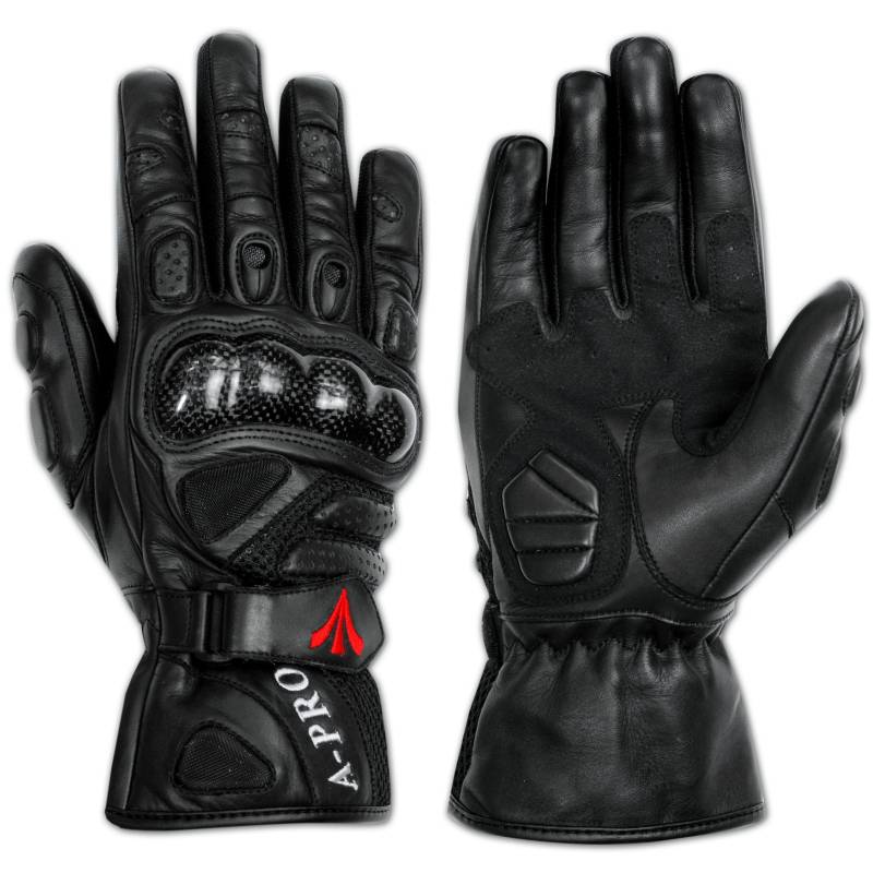 Leder Motorradhandschuhe Kalbsleder Profi Kohlefaser Schutz Schwarz 3XL von A-Pro