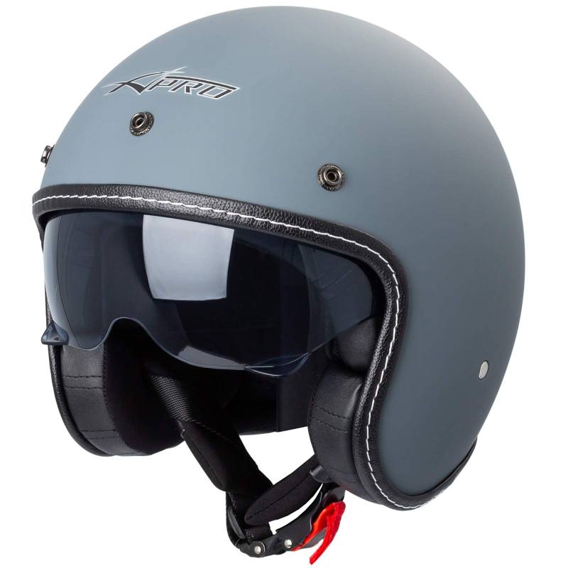 Motorrad Jet Helm Cafe Racer ECE 22-06 Sonnenblende Scooter Matt Grau XL von A-Pro