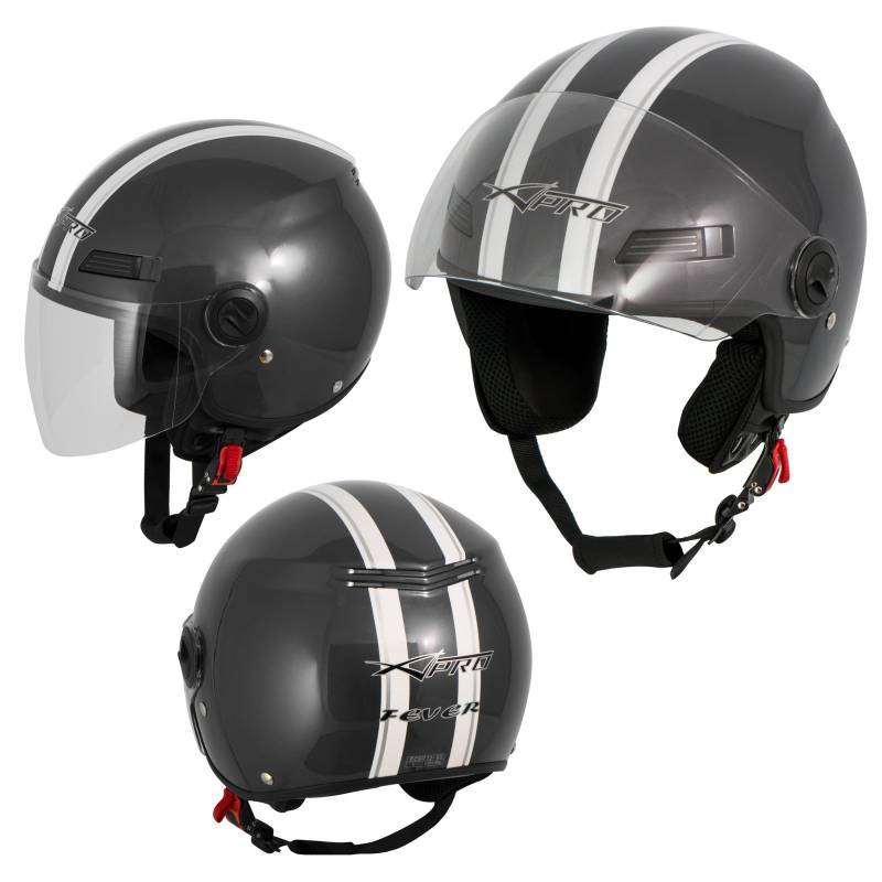 Motorradhelm Motorrad Roller Offenes Jet Helm Viser ECE 22 05 Grau L von A-Pro