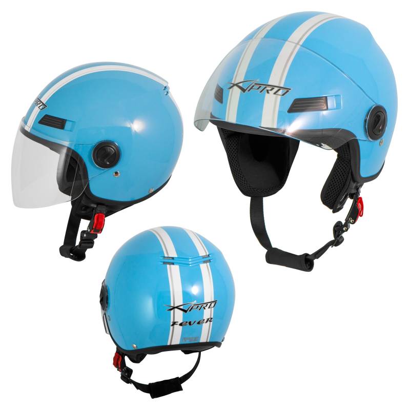 Motorradhelm Motorrad Roller Offenes Jet Helm Viser ECE 22 05 Hellblau L von A-Pro