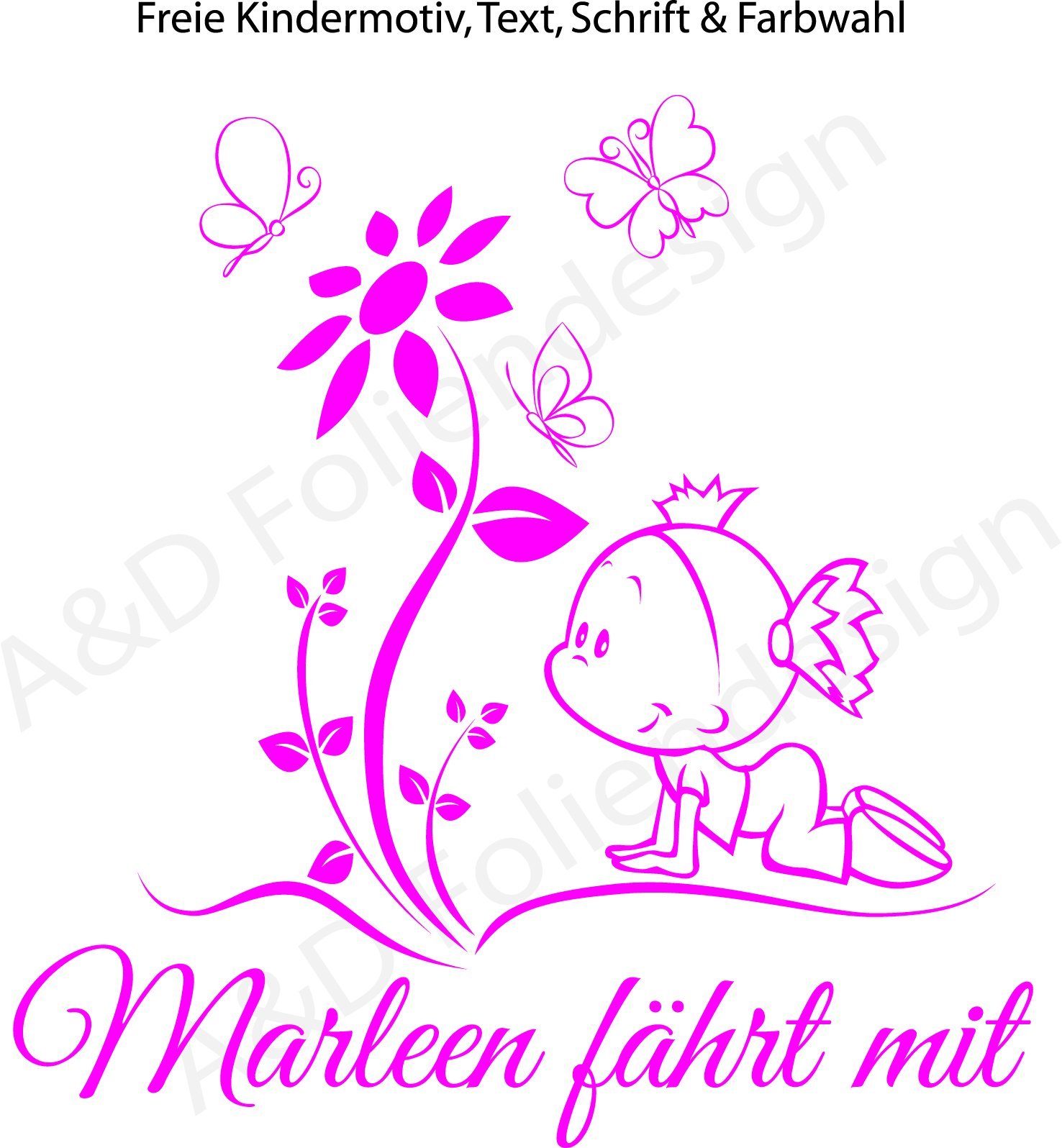 A&D design Deutschland Baby Autoaufkleber/Scheibentattoo inkl. Wunschtext - freie Motiv.- Farb.- und Schriftartwahl! von A&D design Deutschland