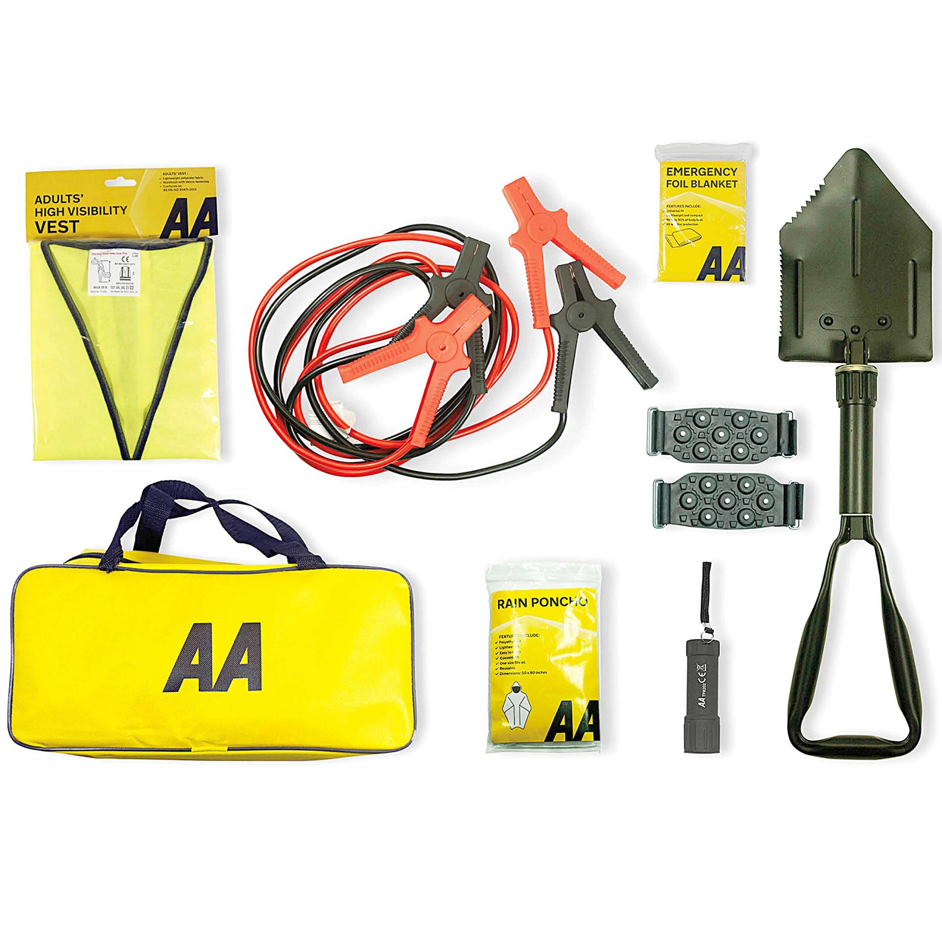 AA Emergency Winter Car Kit AA5281 - Folding Snow Shovel, 9-LED Torch, Foil Blanket, Hi-Vis Vest, Rain Poncho, Booster Cables, Pair Snow Grips von AA