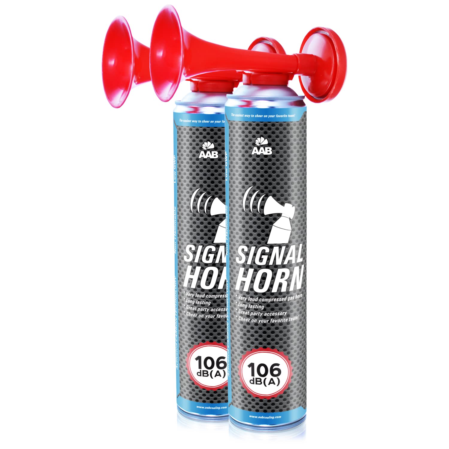 2 x AAB Signal Horn – Laut Nebelhorn 106 dB(A) Mit Nicht Brennbarem Gas, Bis Zu 320 Kurze Pieptöne, Fanfare, Fußball Airhorn, Gasfanfare, Pressluft Luftdruck Tröte, Drucklufthupe von AABCOOLING