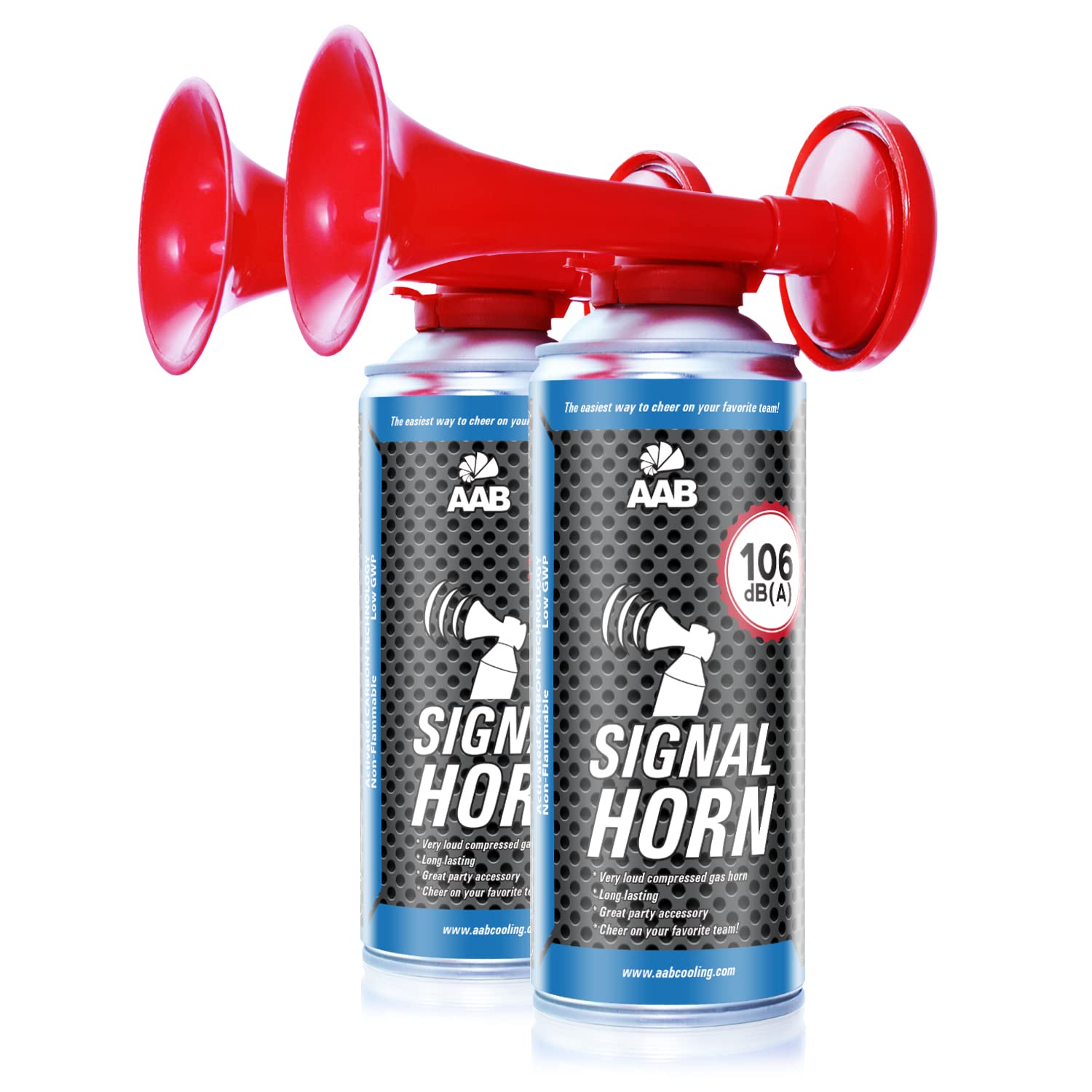 2x AAB Signal Horn, 106 dB(A) Bis Zu 120 Kurze Pieptöne Mit Nicht Brennbarem Gas, Gashorn, Presslufthupe, Stadionhupe, Air Horn Extrem Laut, vuvuzela, Fussball Trompete, Gasdruckfanfare, Airhorn von AABCOOLING