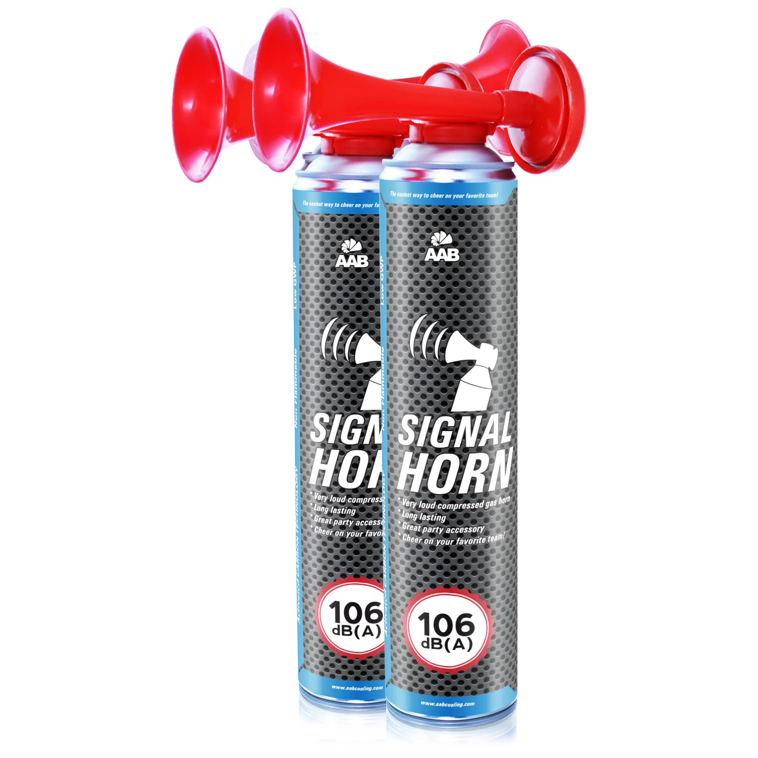 2x AAB Signal Horn, 106 dB(A) Bis Zu 320 Kurze Pieptöne Mit Nicht Brennbarem Gas, Fußball Tröte, GasHorn, Fussballtröte, Pressluft Hupe Fanfare, Signalhorn, Boot, Auto, Lufthupe, Gasfanfare, Fanpaket von AABCOOLING