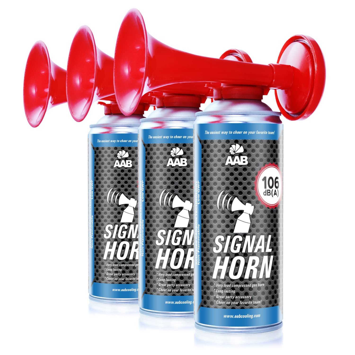 3 x AAB Signal Horn – Laut Air Horn 106 dB(A), Tröten Fußball Mit Nicht Brennbarem Gas, Bis Zu 120 Kurze Pieptöne, Lufthorn, Vuvuzela, Pressluft Gashupe, Drucklufthupe, Druckluftfanfare von AABCOOLING