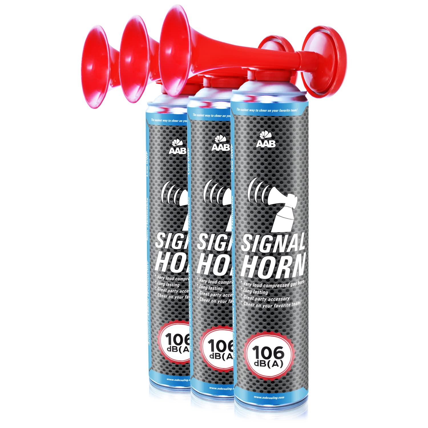 3x AAB Signal Horn, 106 dB(A) Bis Zu 320 Kurze Pieptöne Mit Nicht Brennbarem Gas, Gashorn, Presslufthupe, Stadionhupe, Air Horn Extrem Laut, Yacht, Auto, Fussball Trompete, Gasdruckfanfare, Airhorn von AABCOOLING
