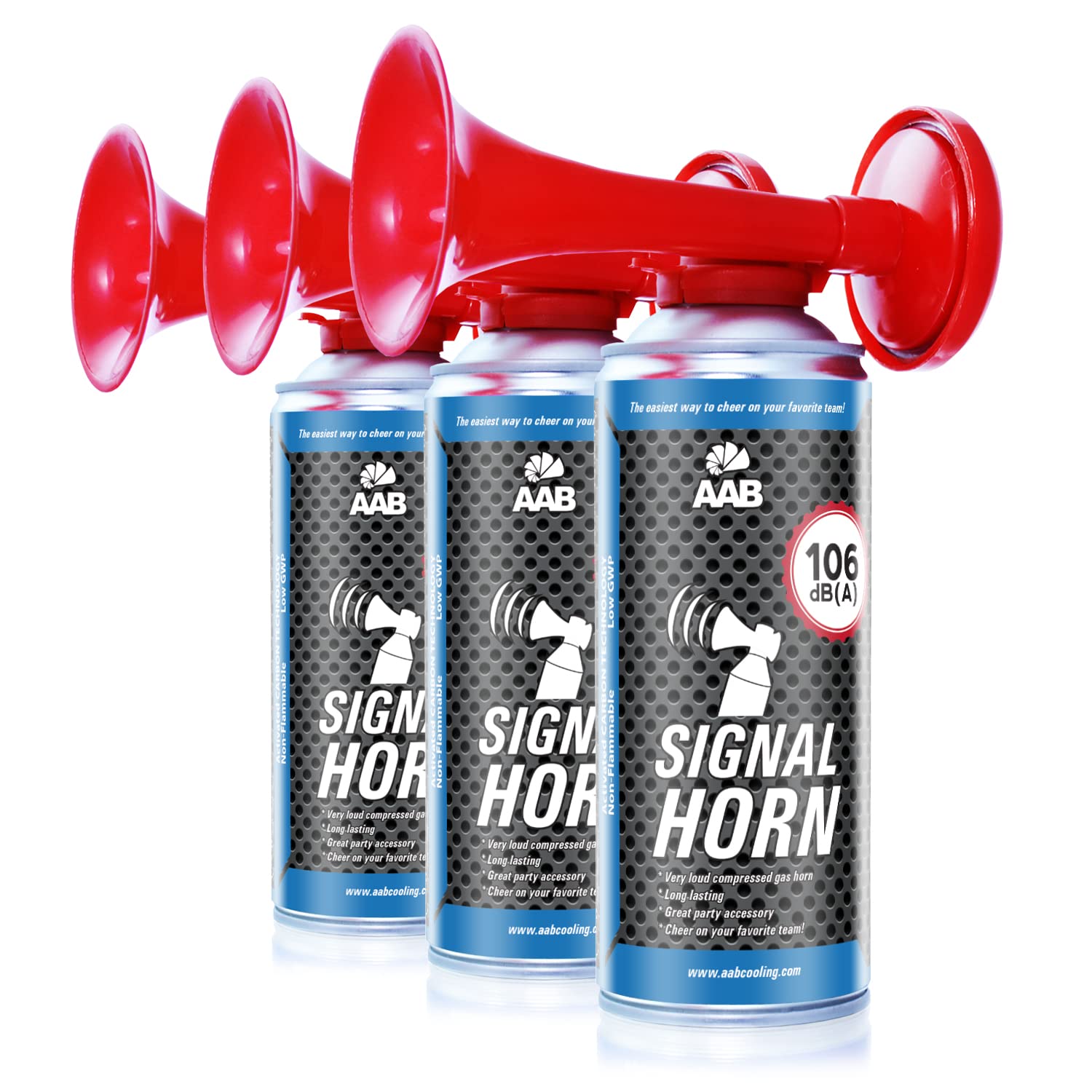 3x AAB Signal Horn, 106 dB(A) Mit Nicht Brennbarem Gas, Bis Zu 120 Kurze Pieptöne, Fan Tröte, Fantröte, Presslufthupe, Handsirene, Air Horn Extrem Laut, Yacht, Auto, Fussball Hupe, Gasdruckfanfare von AABCOOLING