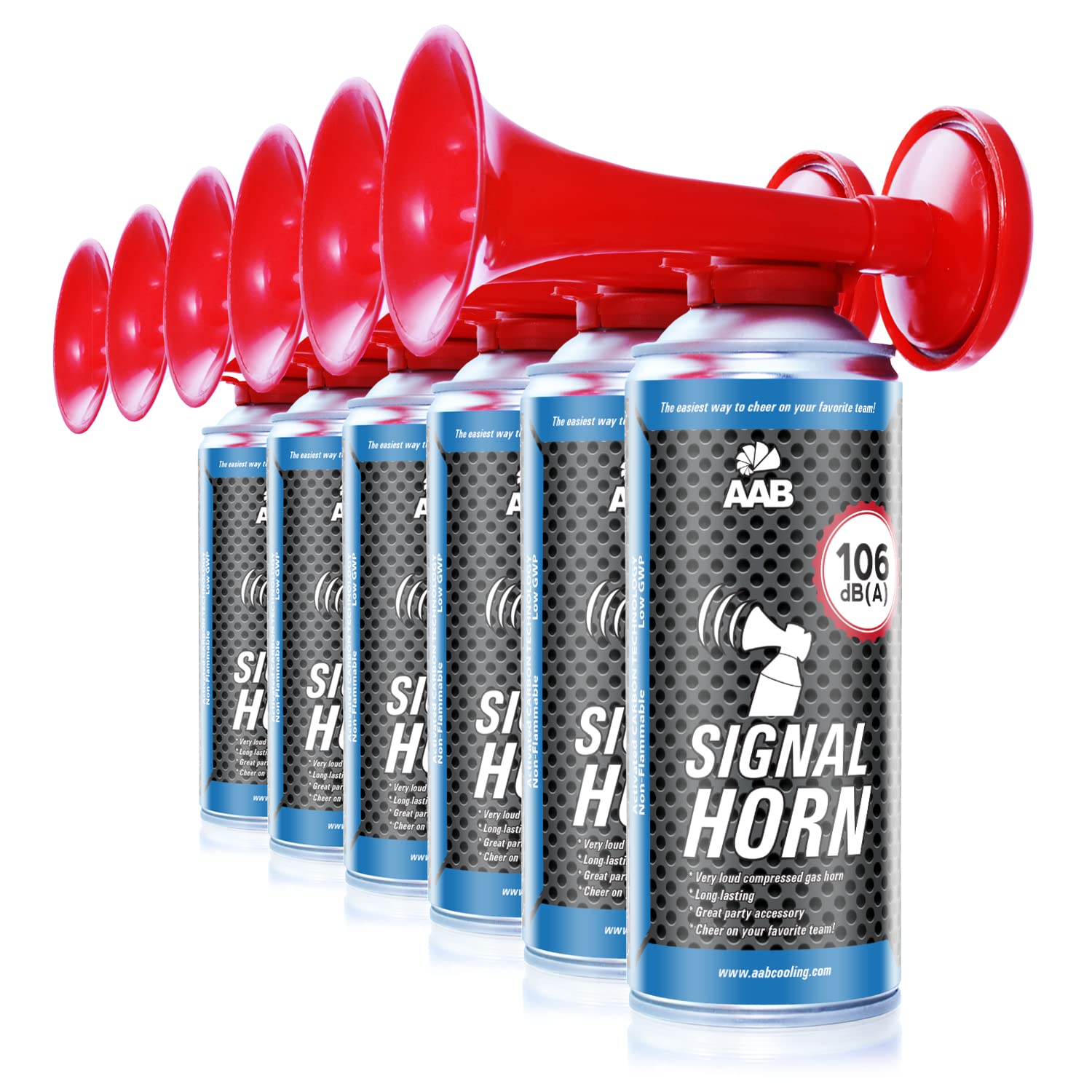 6 x AAB Signal Horn – Laut Air Horn 106 dB(A), Tröten Fußball Mit Nicht Brennbarem Gas, Bis Zu 120 Kurze Pieptöne, Lufthorn, Vuvuzela, Pressluft Gashupe, Drucklufthupe, Druckluftfanfare von AABCOOLING