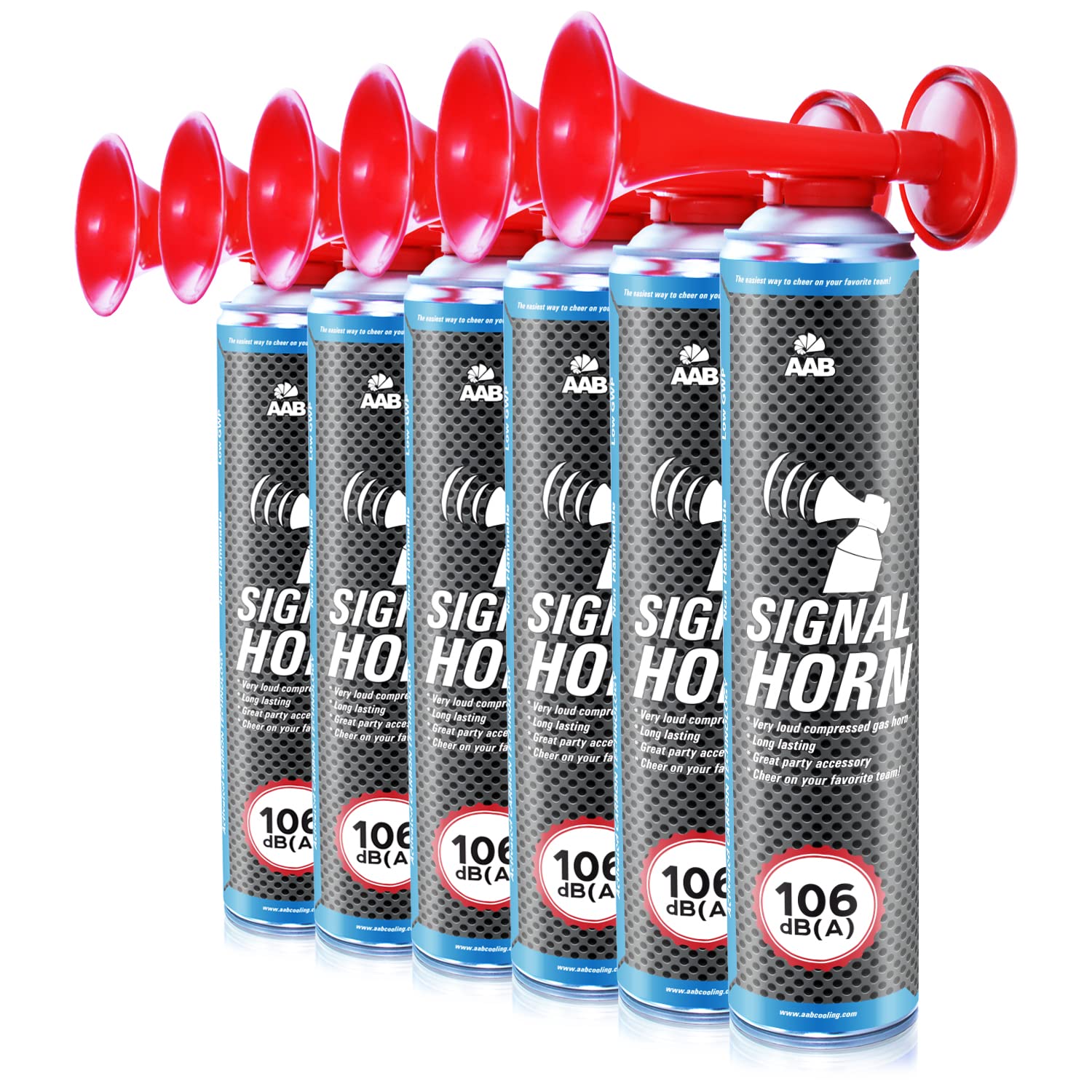 6 x AAB Signal Horn – Laut Nebelhorn 106 dB(A) Mit Nicht Brennbarem Gas, Bis Zu 320 Kurze Pieptöne, Fanfare, Fußball Airhorn, Gasfanfare, Pressluft Luftdruck Tröte, Drucklufthupe von AABCOOLING