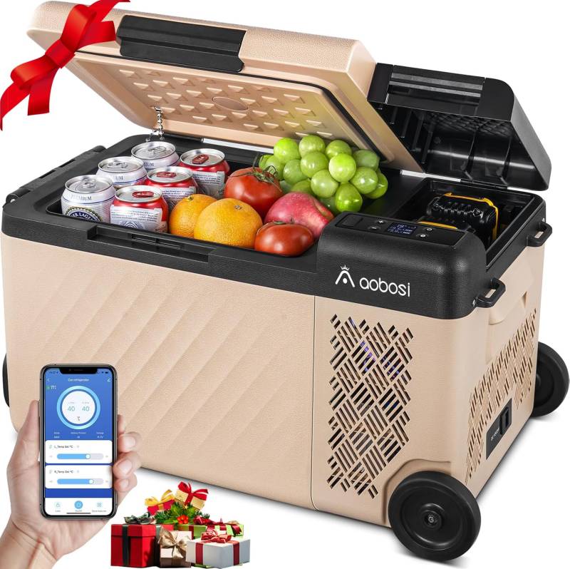 AAOBOSI 19L Kompressor Kühlbox, Kühlbox Auto mit APP-Steuerung, 12/24V und 100-240V, USB-Handy-Ladefunktion, LED-Beleuchtung, bis -20°C für Kfz-, Außen- und Haushaltssteckdosen (inkl. 2 Bosch-Adapter) von AAOBOSI