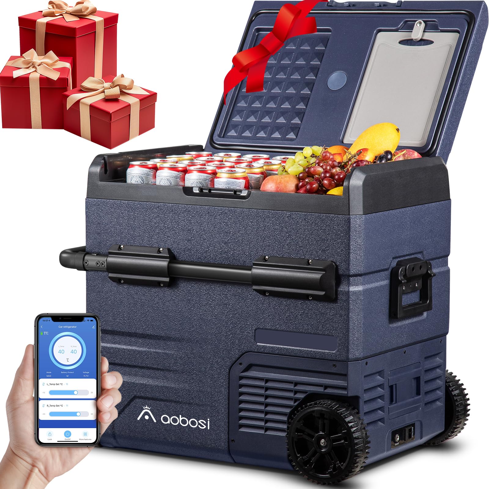 AAOBOSI 55L Kompressor Kühlbox, Auto Kühlbox Mit WIFI-APP-Steuerung USB-Anschluss,12/24 V und 100-240 V Camping Kühlschrank bis -20 °C für Auto, Lkw, Boot, Reisemobil, Camping von AAOBOSI