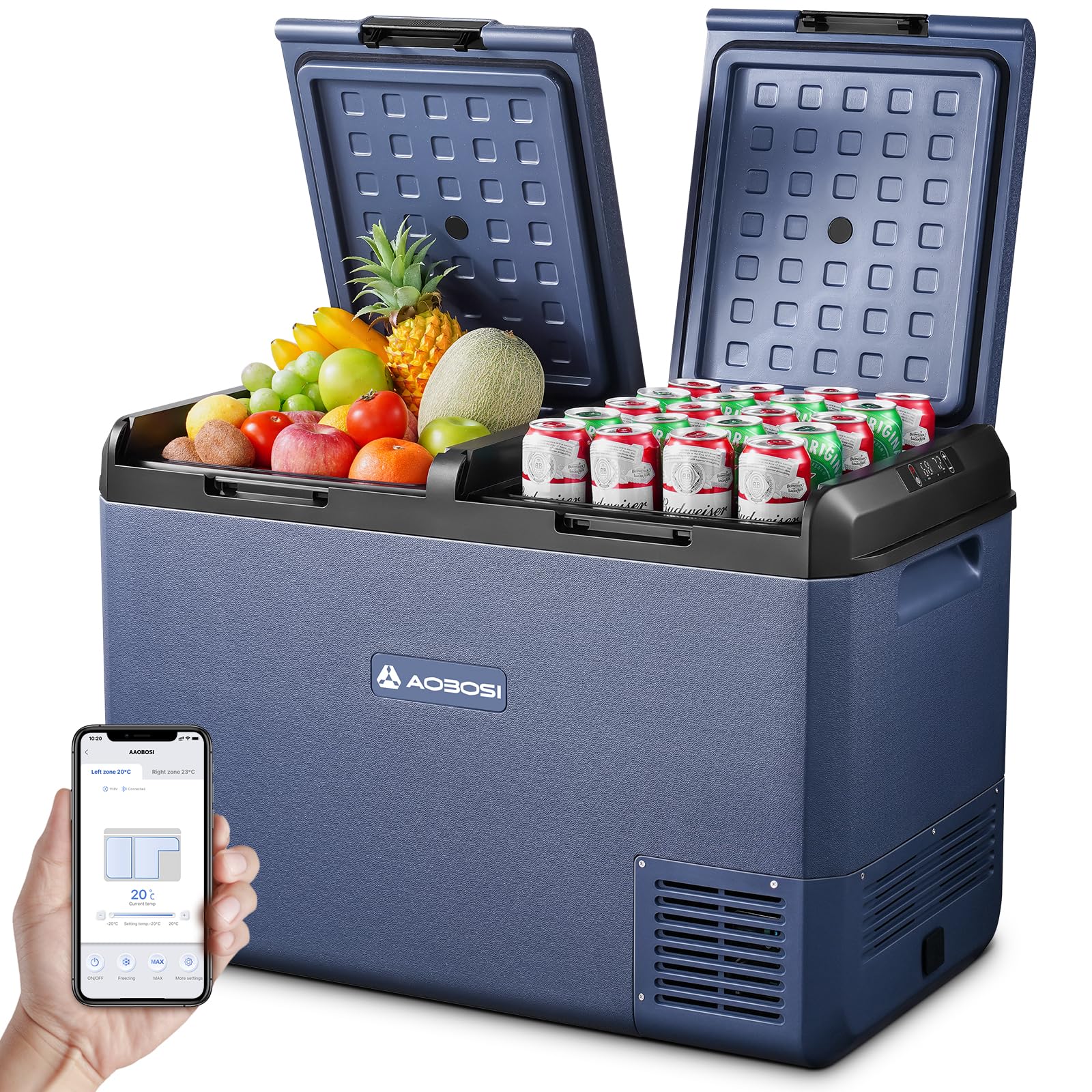 AAOBOSI 95L Kompressor Kühlbox Dual Zone, Kühlbox Auto Kompressor mit APP-Steuerung, IPX4 Wasserdicht, 12V/230V, -20°C bis 20°C Kühlbox Elektrisch für Auto, LKW, Boot, Camping, Fischen & Outdoor von AAOBOSI