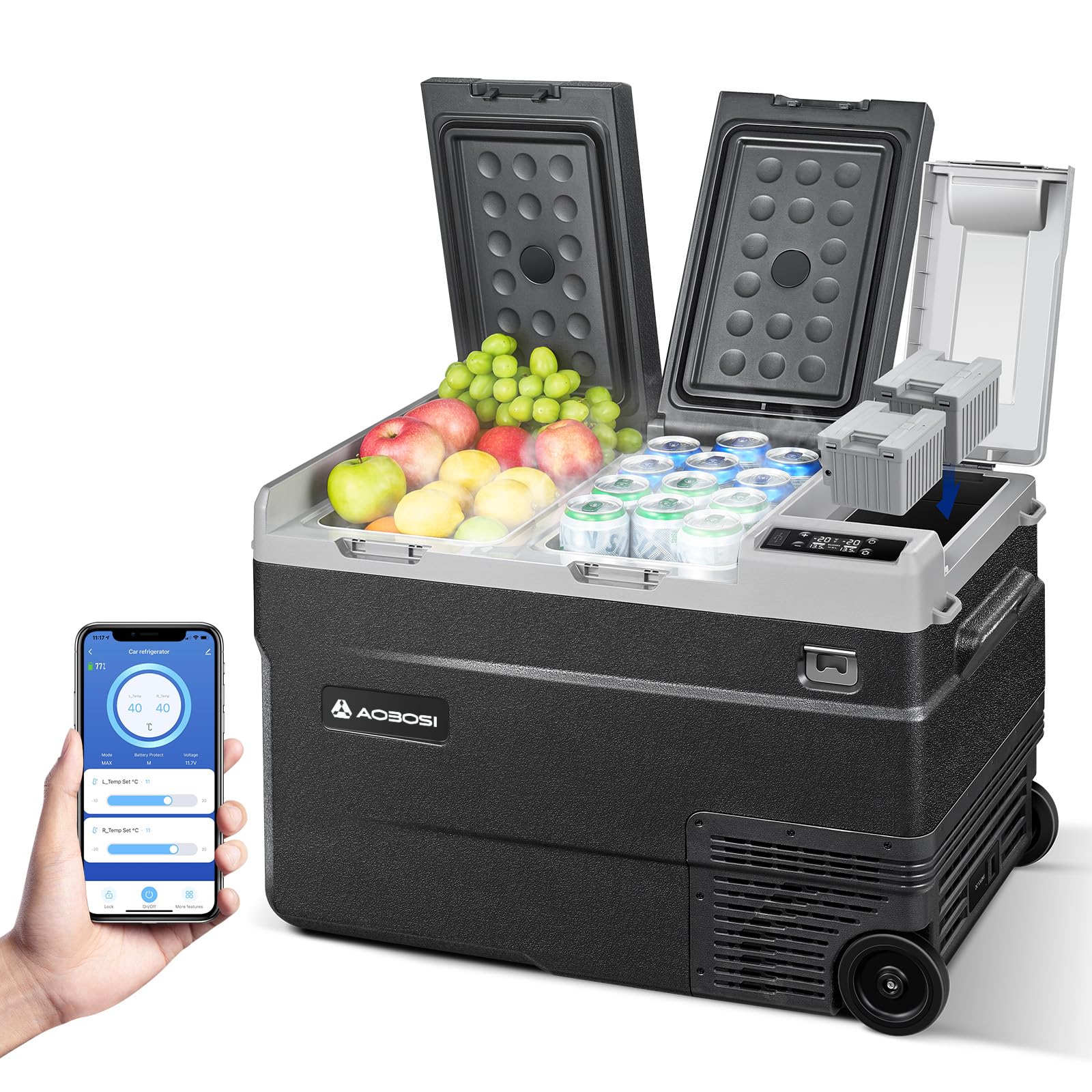 AAOBOSI Kompressor Kühlbox 43L, 2 in 1 Kühlbox Auto Doppelzone, Tragbar Kühlbox 12v 230v bis -20 °C mit App-Steuerung, Digitale Temperaturregelung, Anti-Shake, für Camping, LKW, Boot, Reisemobil AAOBOSI Kompressor Kühlbox 43L, 2 in 1 Kühlbox Auto Doppelzone, Tragbar Kühlbox 12v 230v bis -20 °C mit App-Steuerung, Digitale Temperaturregelung, Anti-Shake, für Camping, LKW, Boot, Reisemobil von AAOBOSI