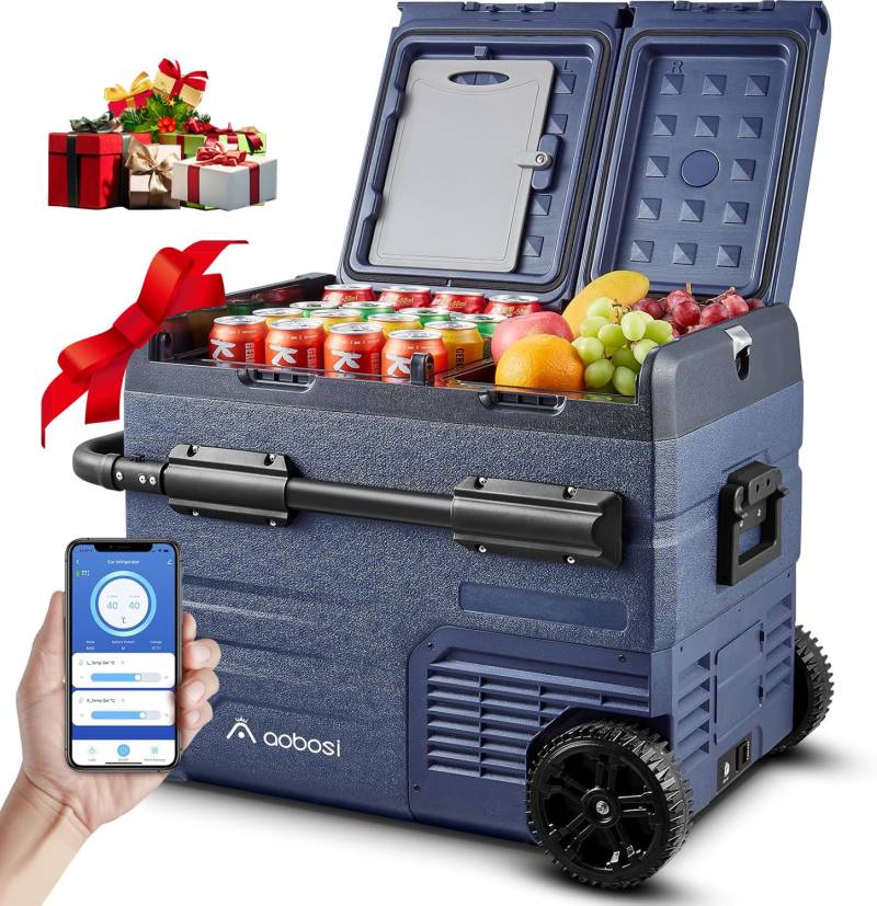 AAOBOSI 45L Kompressor Kühlbox, Dual Zone, Kühlbox Auto mit APP, USB-Handy-Ladung, LED-Beleuchtung, 12/24 V und 100-240 V, Kühlbox Kompressor mit Rädern, für Auto, Buggy, LKW, Boot, Camping und Reisen von AAOBOSI