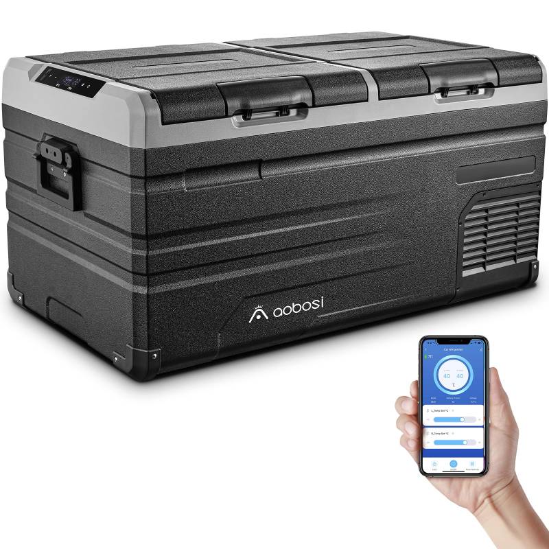 AAOBOSI Kompressor Kühlbox 90 L, Auto Kühlbox mit Zwei Zonen und APP WIFI, 12/24 V DC und 100-240 V AC Kühlbox für Auto, Lkw, Boot, Reisemobil, Camping von AAOBOSI