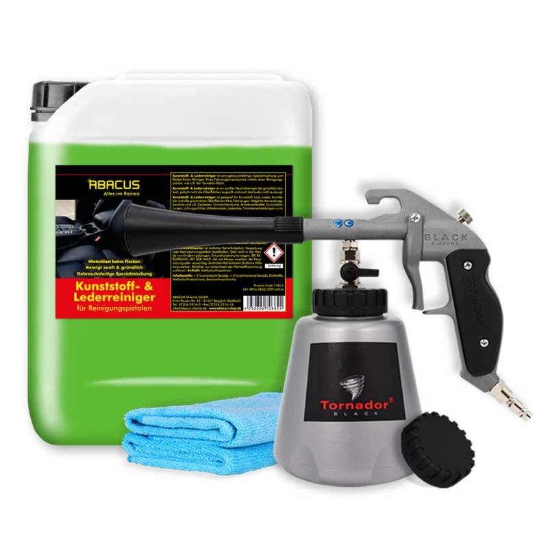 ABACUS Tornador® Black Z-020RS mit bewährtem Kunststoffreiniger & Lederreiniger 5L + Mikrofasertücher, Kunststoffreinigungsset, Lederreinigungsset, Reinigungspistolen Set (7425.2) von ABACUS