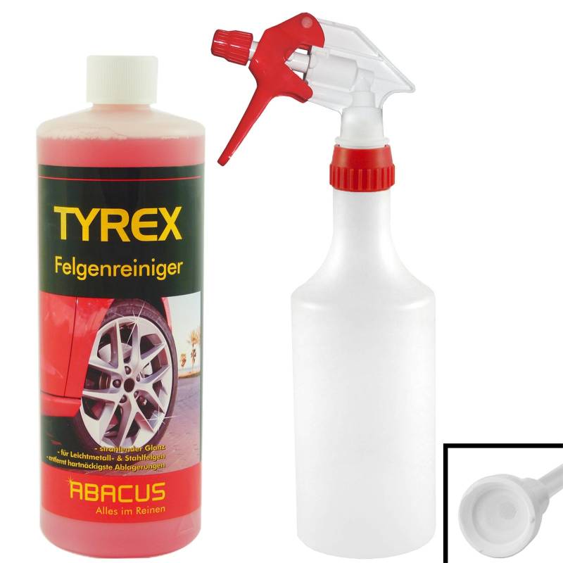 ABACUS® Felgenreiniger-Set - Felgenreiniger Konzentrat 1x 1000 ml Tyrex Felgen Reiniger mit Zubehör 1x 750 ml Sprühflasche Handsprühflasche + Sprühkopf Profi rot (7074) von ABACUS