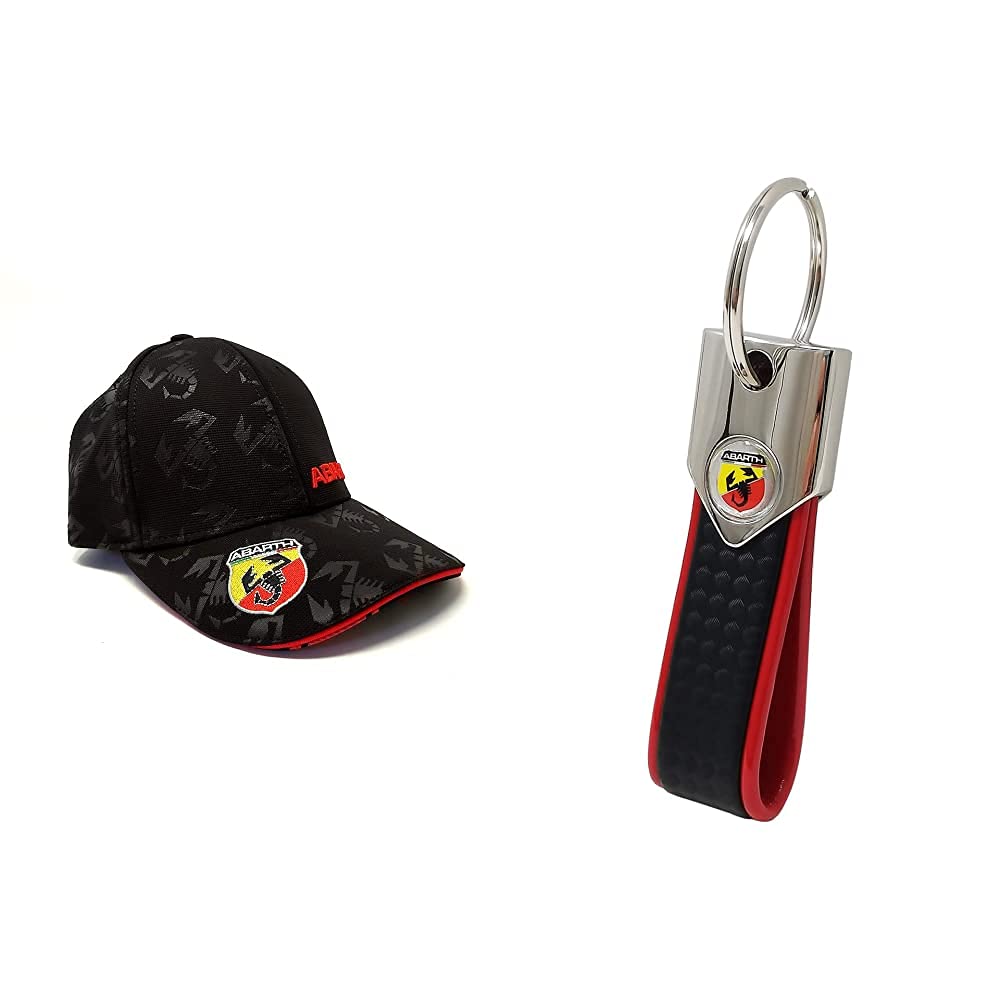 ABARTH 21733 schwarzer Hut mit gebogenem Visier, Black, One Size & offizieller Schlüsselanhänger, kohlefaser Look und rot von Abarth