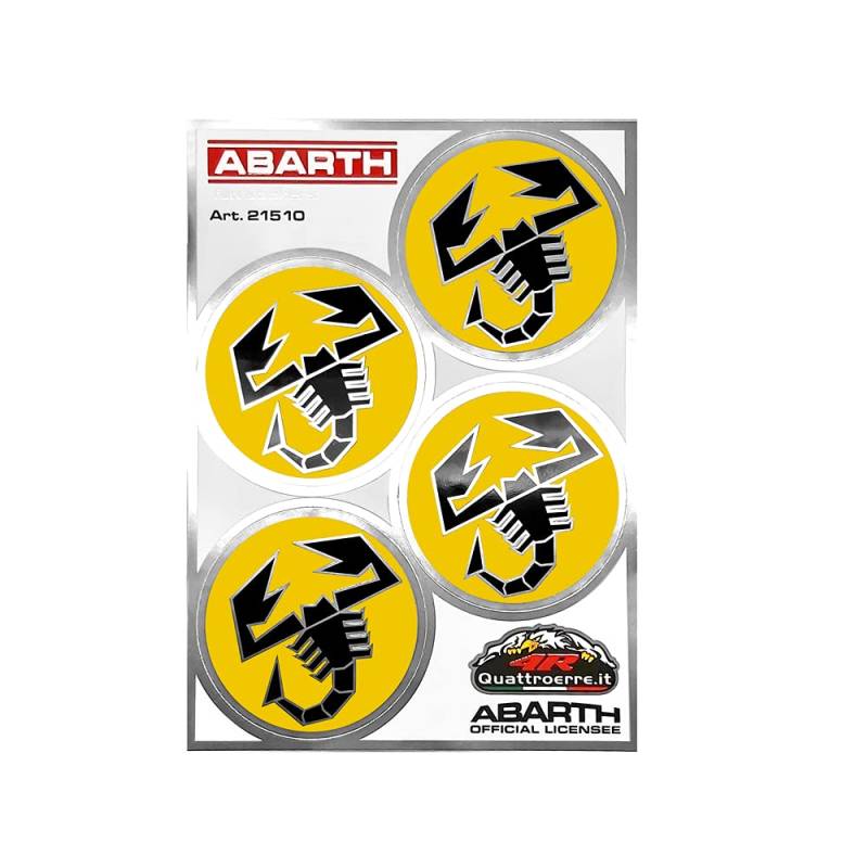 Abarth 4R Quattroerre.it 21510 Offizieller Aufkleber, 4 Logos Skorpione gelb Durchmesser 48 mm, Brett 94 x 131 mm von Abarth