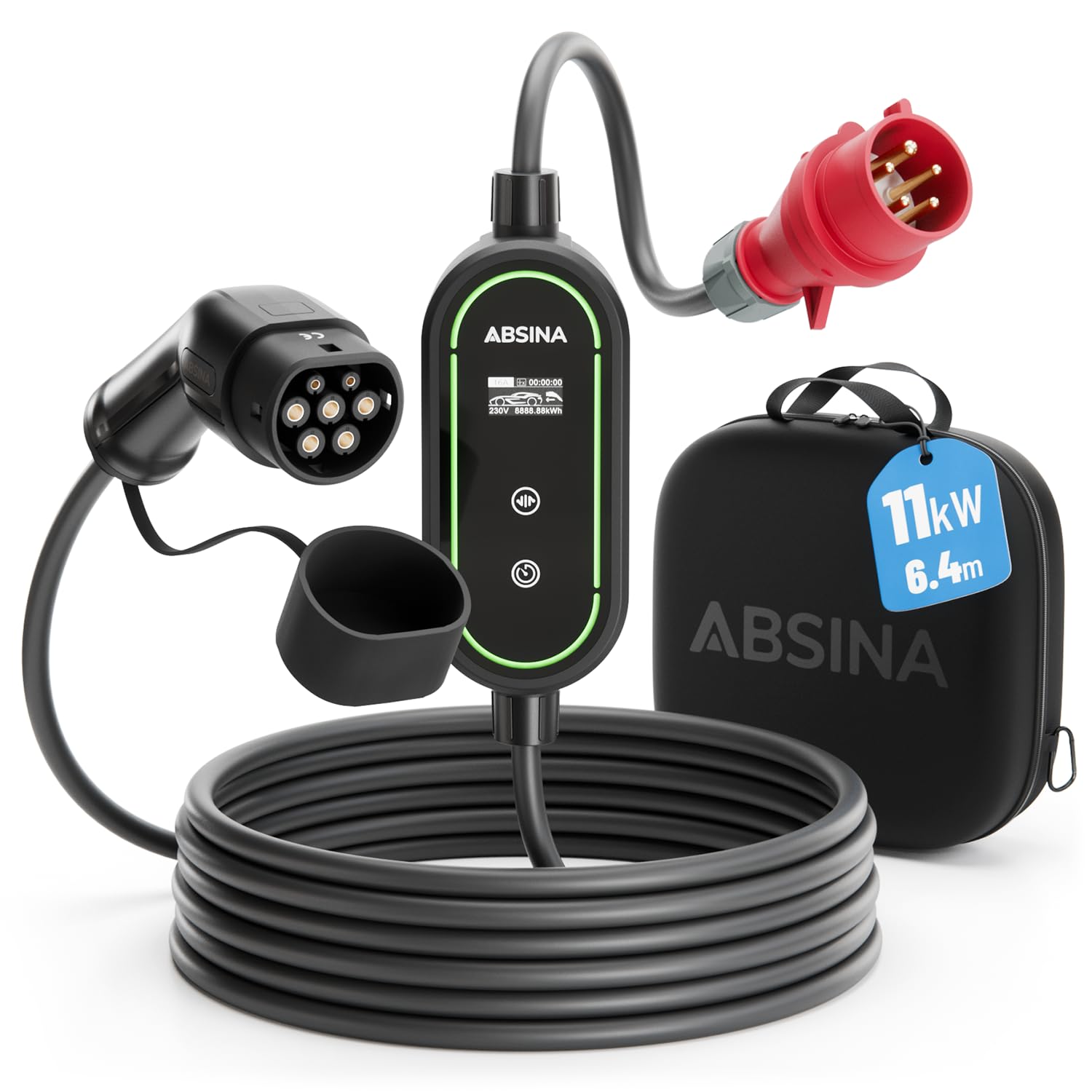 ABSINA Ladekabel CEE 16A auf Typ 2 mit Einstellbarer Ladeleistung - Mobile Wallbox 11kW 16A 3 phasig IP67 mit 6,4 m Kabel - Elektroauto Wallbox CEE für i3, e-Up, ID.3, ID.4, Zoe, fortwo, Kona UVM von ABSINA