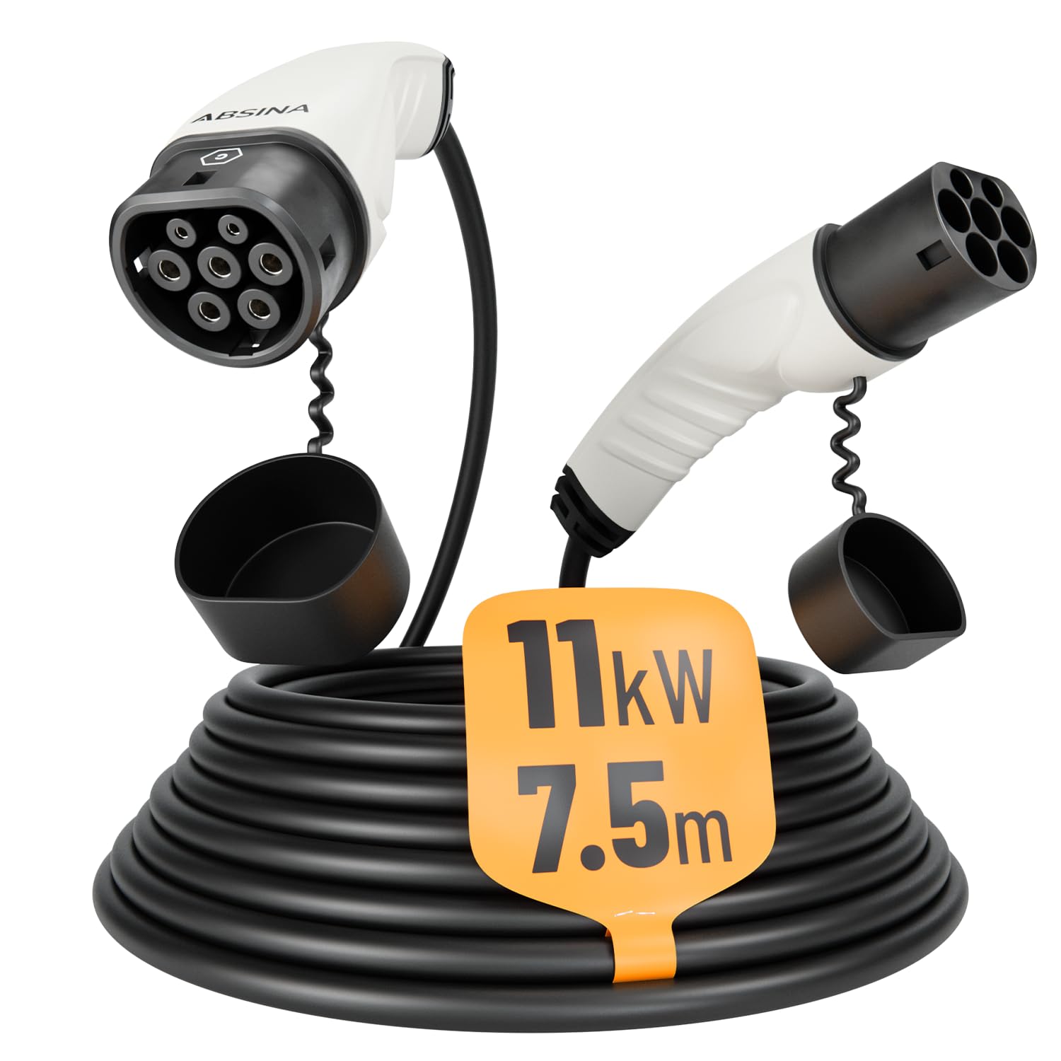 ABSINA Typ 2 Ladekabel 11kW & 16A für Hybrid & Elektroauto - 7,5 Meter Typ 2 Ladekabel 3 phasig - Mode 3 Ladekabel - Kompatibel mit Model 3, e-Up, ID.3, Zoe, EQ fortwo, Kona Elektro, ID.4 UVM von ABSINA