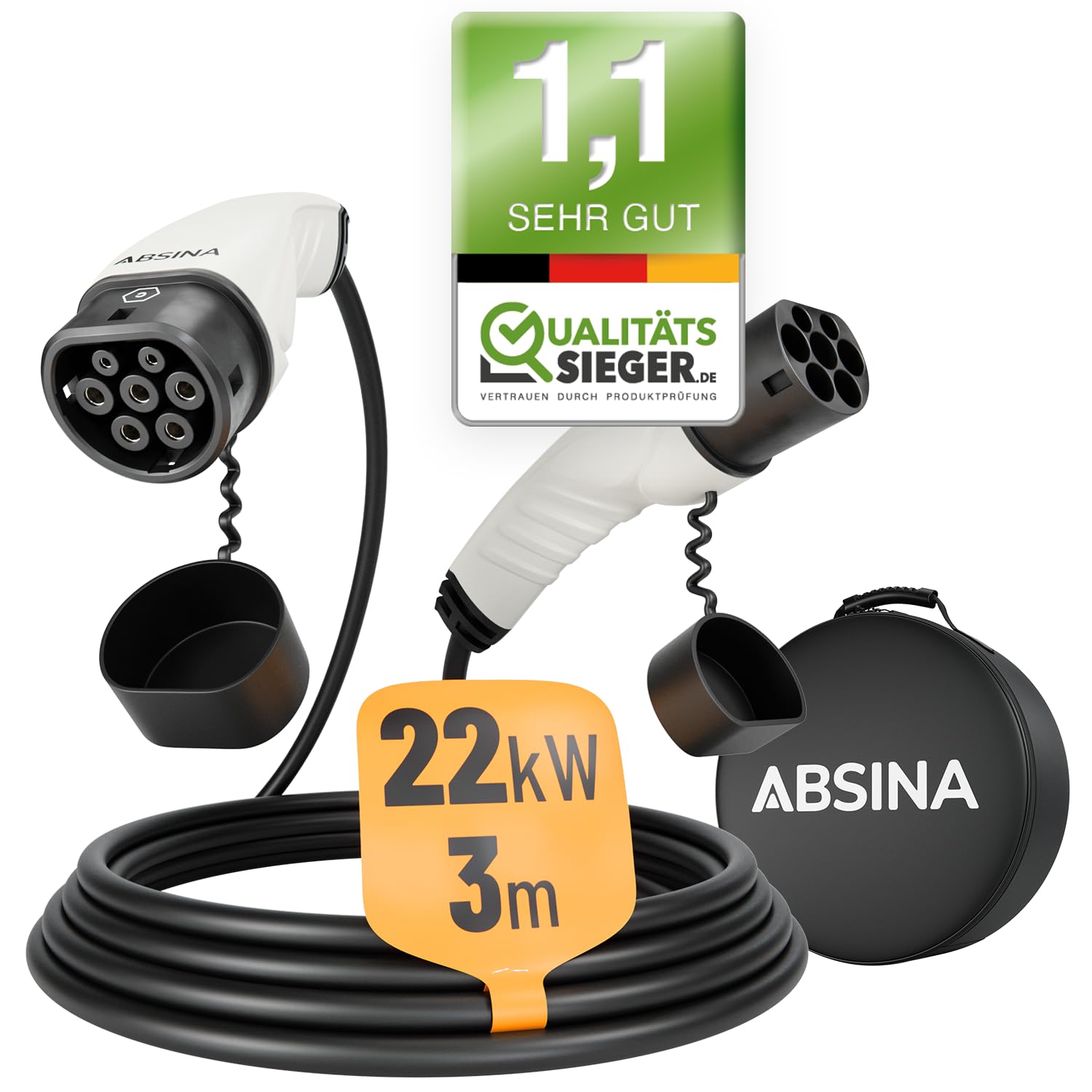ABSINA Typ 2 Ladekabel 22kW & 32A für Hybrid & Elektroauto - 3 Meter Auto Ladekabel Typ2 3 phasig - Mode 3 Ladekabel - Kompatibel mit Model 3, e-Up, ID.3, Zoe, EQ fortwo, Kona Elektro, ID.4 UVM von ABSINA