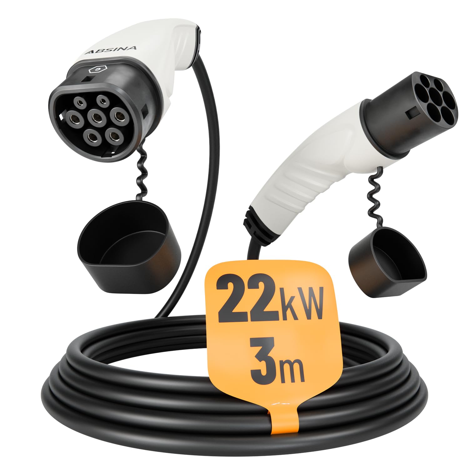 ABSINA Typ 2 Ladekabel 22kW & 32A für Hybrid & Elektroauto - 3 Meter Auto Ladekabel Typ2 3 phasig - Mode 3 Ladekabel - Kompatibel mit Model 3, e-Up, ID.3, Zoe, EQ fortwo, Kona Elektro, ID.4 UVM von ABSINA