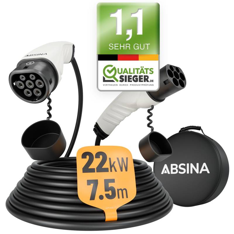 ABSINA Typ 2 Ladekabel 22kW & 32A für Hybrid & Elektroauto - 7,5 Meter Auto Ladekabel Typ2 3 phasig - Mode 3 Ladekabel - Kompatibel mit Model 3, e-Up, ID.3, Zoe, EQ fortwo, Kona Elektro, ID.4 UVM von ABSINA
