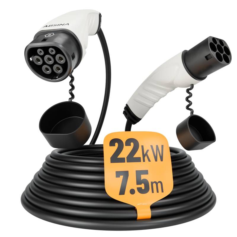 ABSINA Typ 2 Ladekabel 22kW & 32A für Hybrid & Elektroauto - 7,5 Meter Auto Ladekabel Typ2 3 phasig - Mode 3 Ladekabel - Kompatibel mit Model 3, e-Up, ID.3, Zoe, EQ fortwo, Kona Elektro, ID.4 UVM von ABSINA