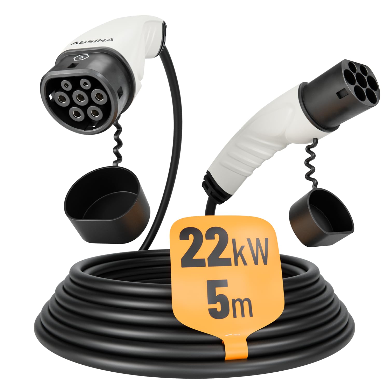 ABSINA Typ 2 Ladekabel 22kW & 32A für Hybrid & Elektroauto - 5 Meter Auto Ladekabel Typ2 3 phasig - Mode 3 Ladekabel - Kompatibel mit Model 3, e-Up, ID.3, Zoe, EQ fortwo, Kona Elektro, ID.4 UVM von ABSINA