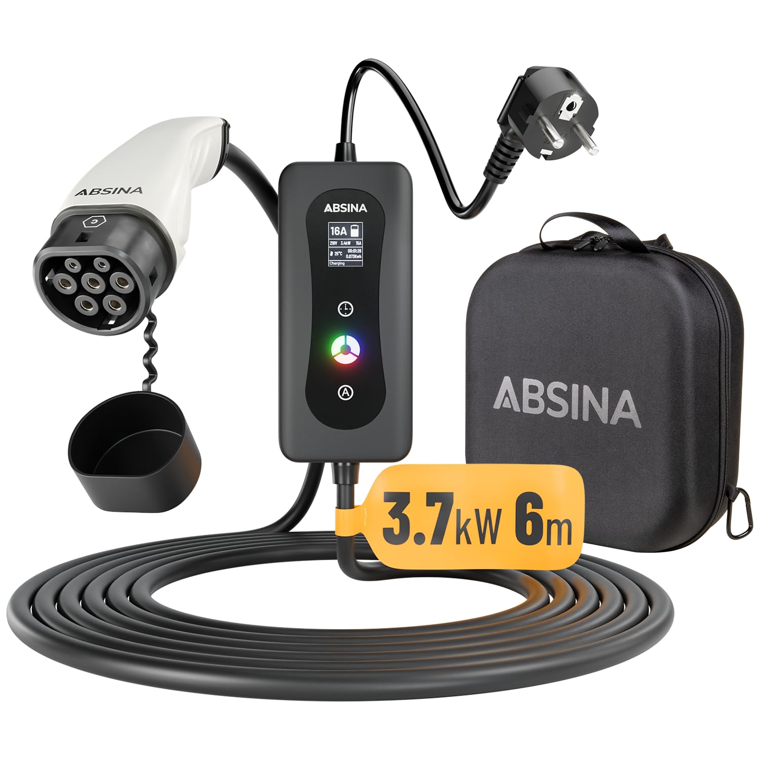 ABSINA Typ 2 Ladekabel Schuko bis 3,7 kW & 16A - Ladeleistung einstellbar - 6 Meter Ladekabel Elektroauto Typ 2 Schuko 1-phasig - ICCB Ladekabel Ladeziegel für i3, e-Up, ID.3, ID.4, Zoe, fortwo, Kona von ABSINA