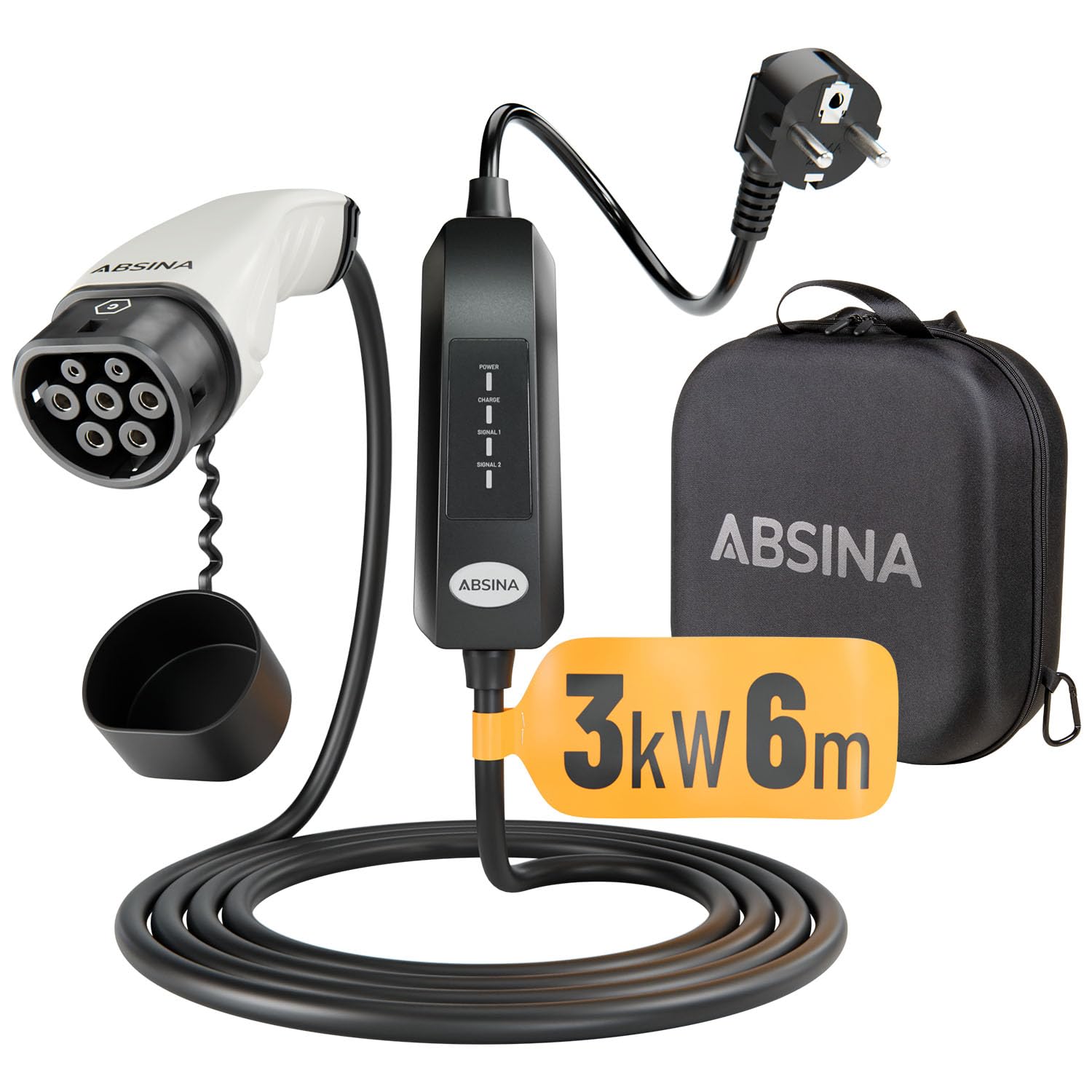 ABSINA Typ 2 Ladekabel Schuko 3kW, 13A, 6 Meter Kabel & 1 phasig - EV Ladekabel Schuko für Elektroauto & Hybrid an Steckdose - Ladeziegel für i3, e-Up, ID.3, ID.4, Zoe, fortwo, Kona, Leon, e-tron von ABSINA