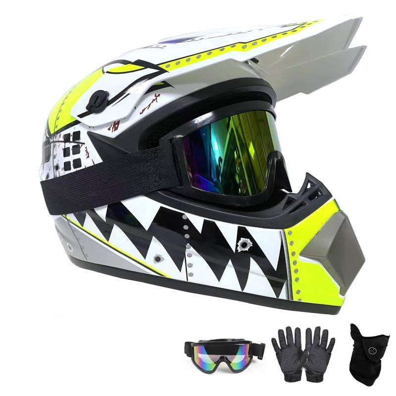ABXUJWUB Motocross MTB Helm Fullface,Jugend Offroad-Helme,Downhill Fullface Motocross Helm,Enduro-Helme,Crosshelme Motorradhelme,Für Damen Herren,Mit Brille Handschuhe(S(52~53cm)) von ABXUJWUB