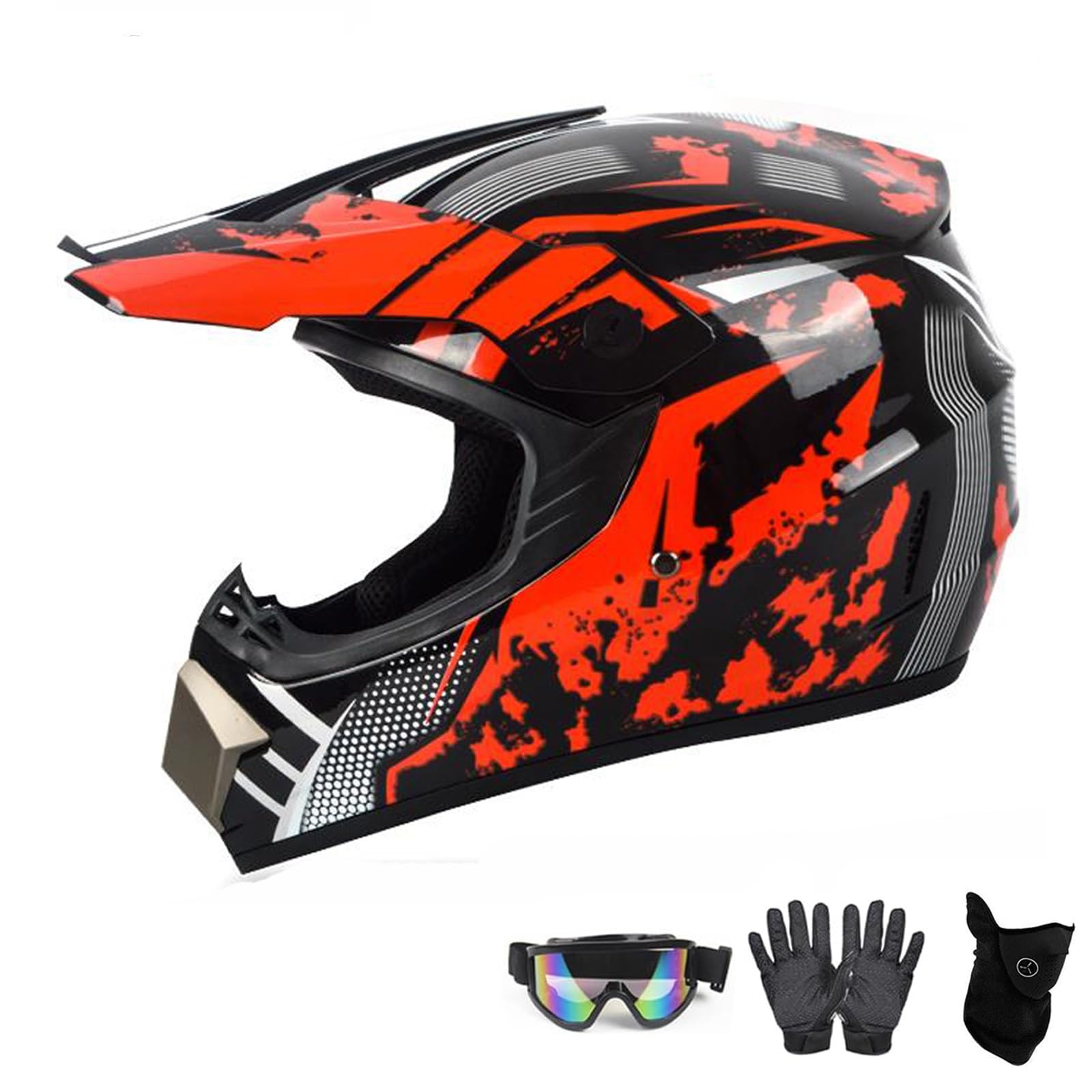 Kinder Motorradhelm,Jugend Offroad-Helme,Downhill Fullface Motocross Helm,MTB ATV MX-Helme,Crosshelme Motorradhelme,Fullface Helm MTB Mit Brille Handschuhe(A,XL(58~59cm)) von ABXUJWUB